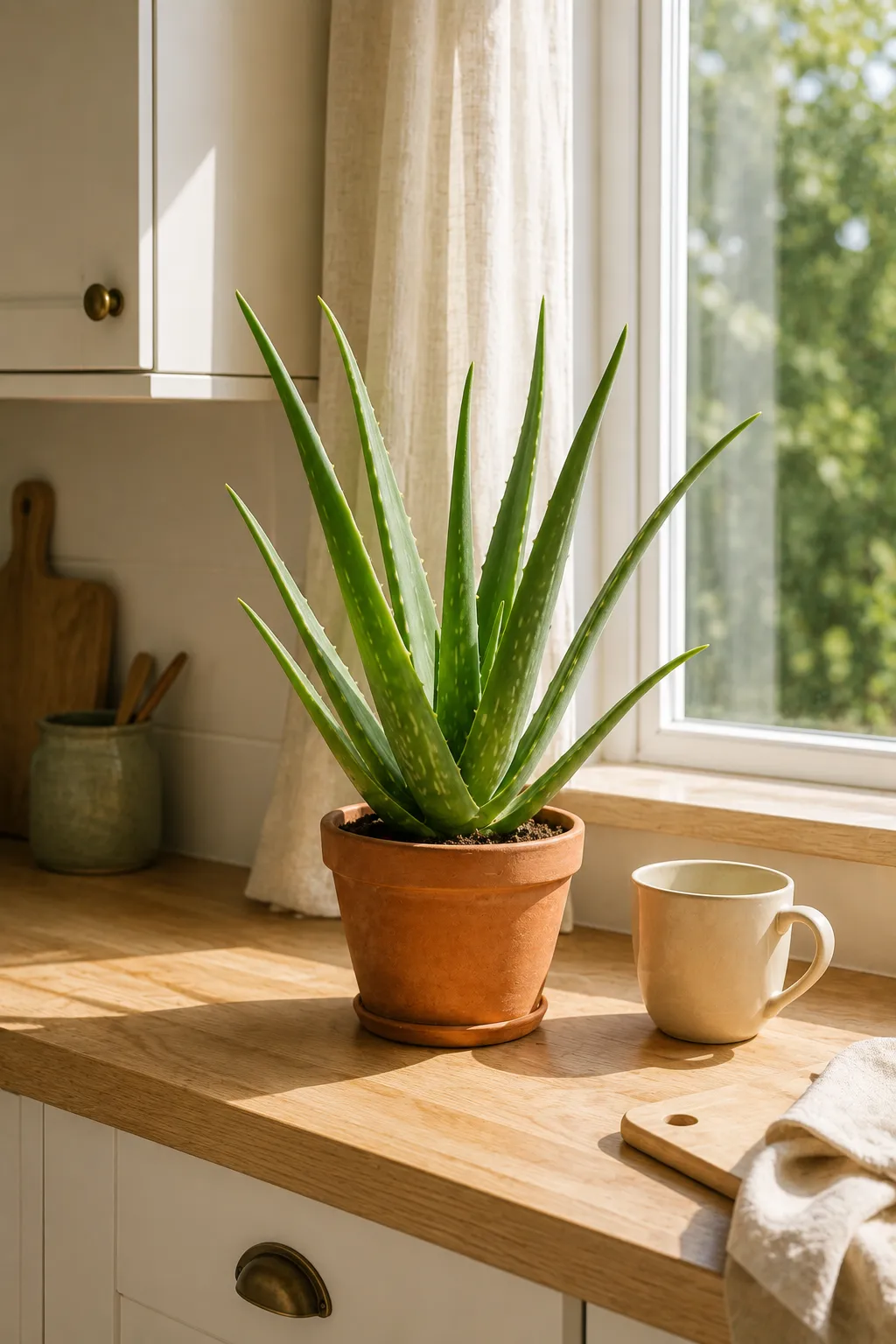 Healthy Aloe Vera with thick pointed green leaves growing from a terracotta pot on a natural wood kitchen counter beside a cream mug, cutting board, soft linen towel, light cabinetry, and a sunny window.