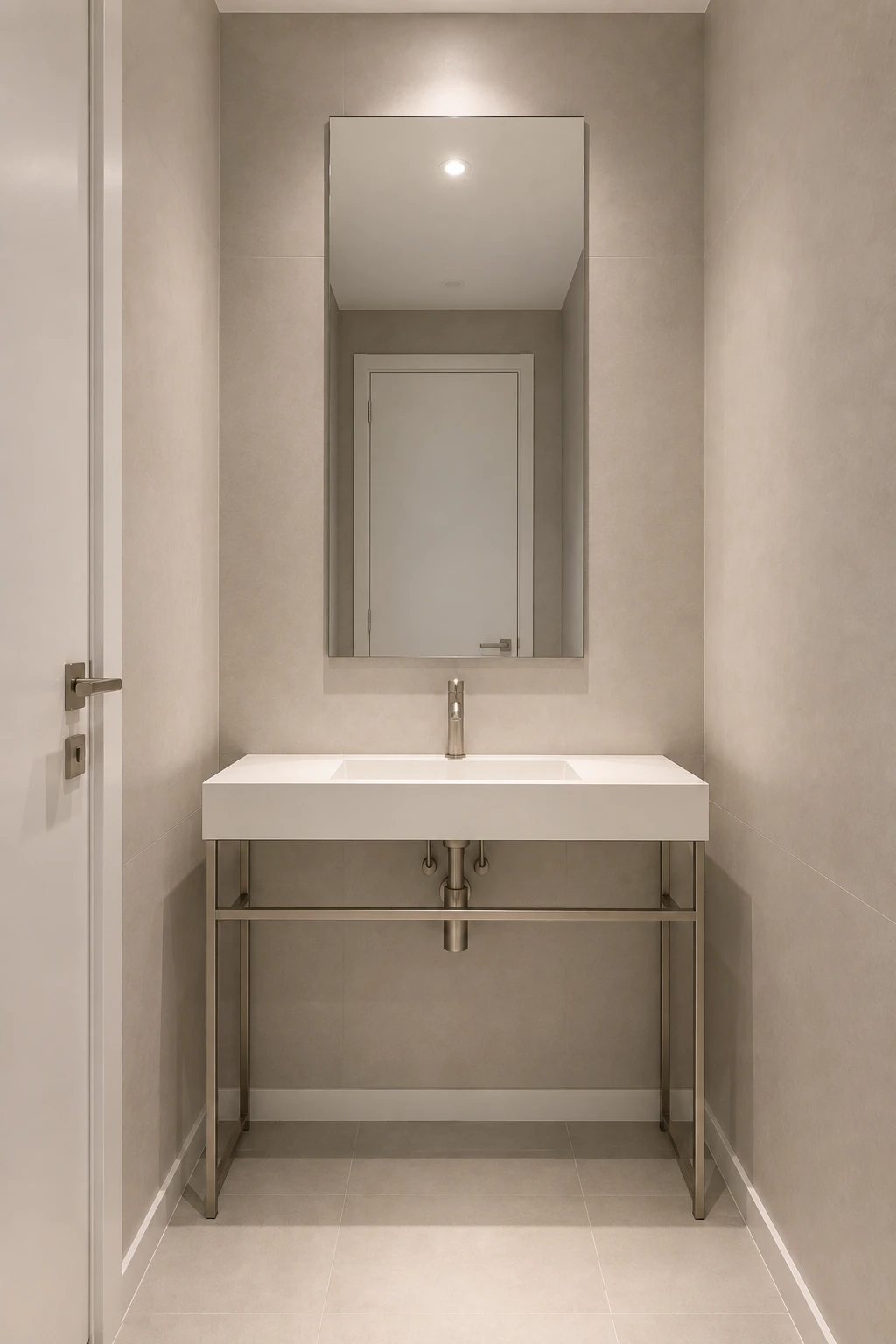 Small contemporary bathroom featuring a slim white console sink with a narrow rectangular basin and minimal metal supports, leaving the floor underneath completely visible. A tall frameless mirror, warm greige walls, light porcelain flooring, minimalist chrome faucet, and clean architectural lighting create an airy and sophisticated small bathroom design.