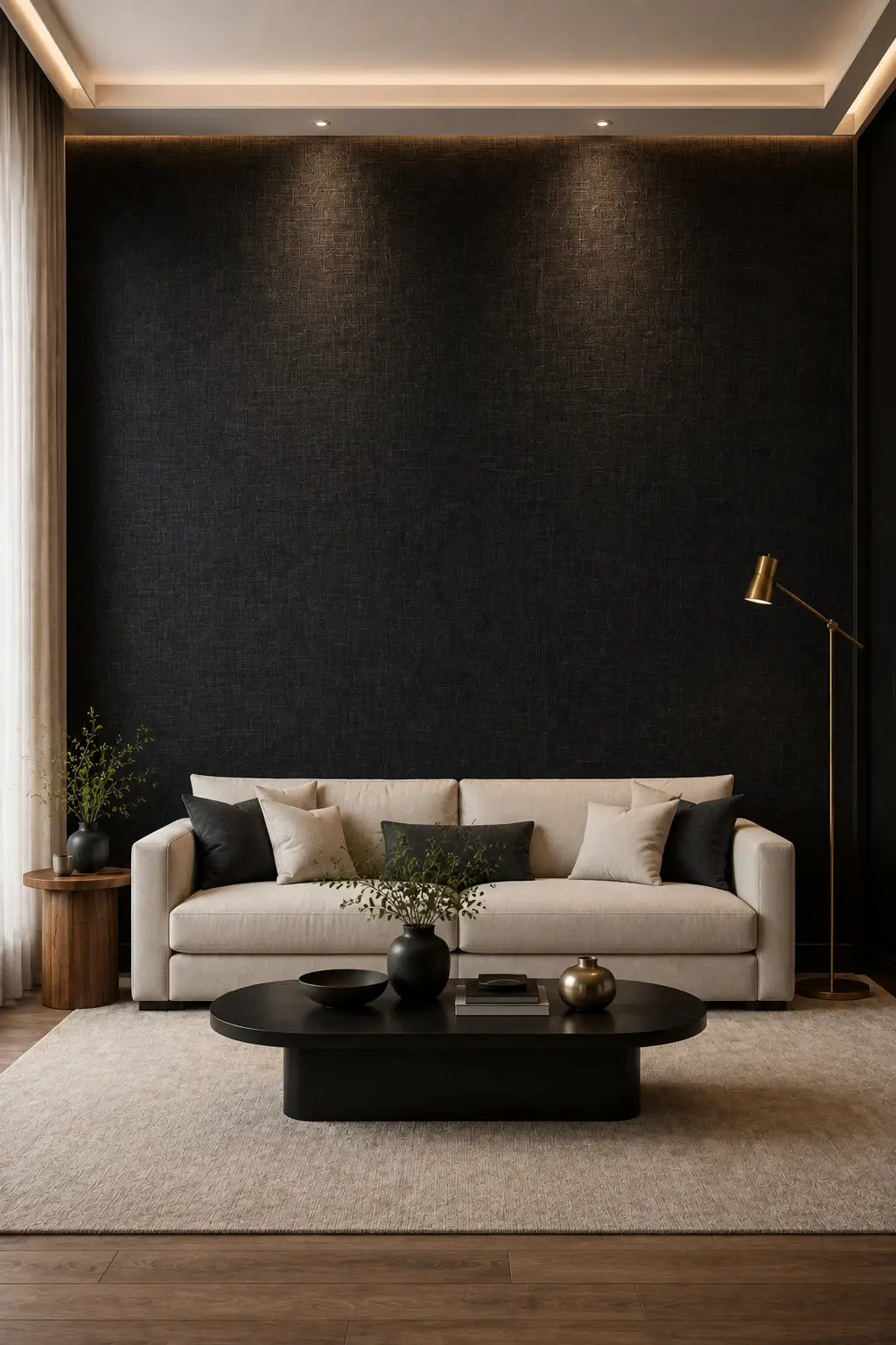 Modern luxury living room featuring textured black wallpaper with a subtle woven geometric surface, a large cream sofa with black and neutral cushions, sleek black coffee table, warm wood side table, brass floor lamp, beige textured rug, and sophisticated ambient lighting.