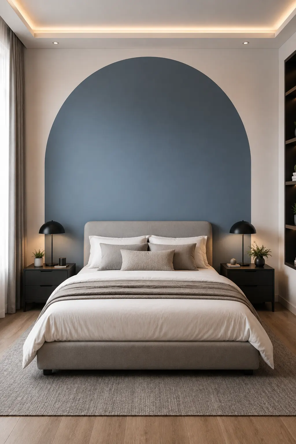 Modern teen bedroom featuring a large painted blue gray architectural arch behind a neutral upholstered bed, creating a bold DIY accent wall and custom focal point. The room includes minimalist black nightstands, contemporary dome lamps, neutral bedding, soft gray textiles, subtle plants, warm lighting, and clean modern furniture for a sophisticated teen bedroom makeover.