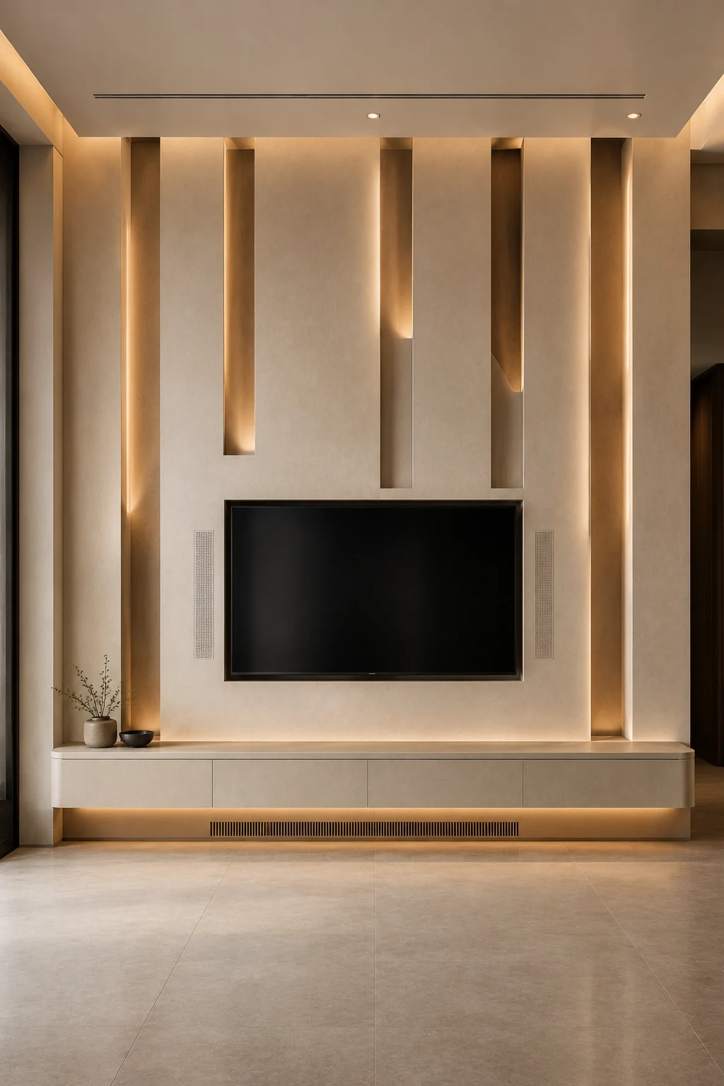 Contemporary TV wall design featuring tall vertical architectural recesses at varying heights, warm concealed LED lighting, a centrally mounted television, integrated speaker panels, and a long streamlined storage console that creates a dramatic sense of height.