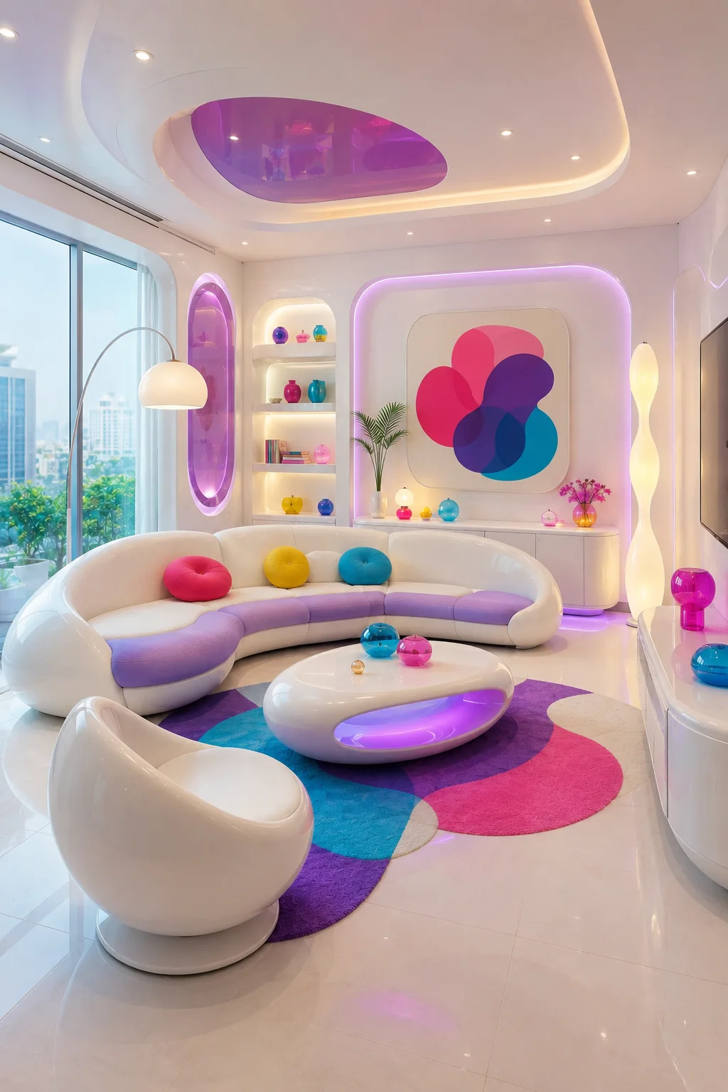 Futuristic Toca Boca inspired living room featuring a glossy white curved sectional with lavender seating details, rounded white lounge chairs, sculptural futuristic coffee table with integrated purple lighting, colorful pink, purple, blue, and yellow accessories, abstract geometric wall artwork, glowing illuminated shelving, curved architectural details, colorful irregular area rug, large windows, and modern LED accent lighting shown in a complete wide angle interior view.