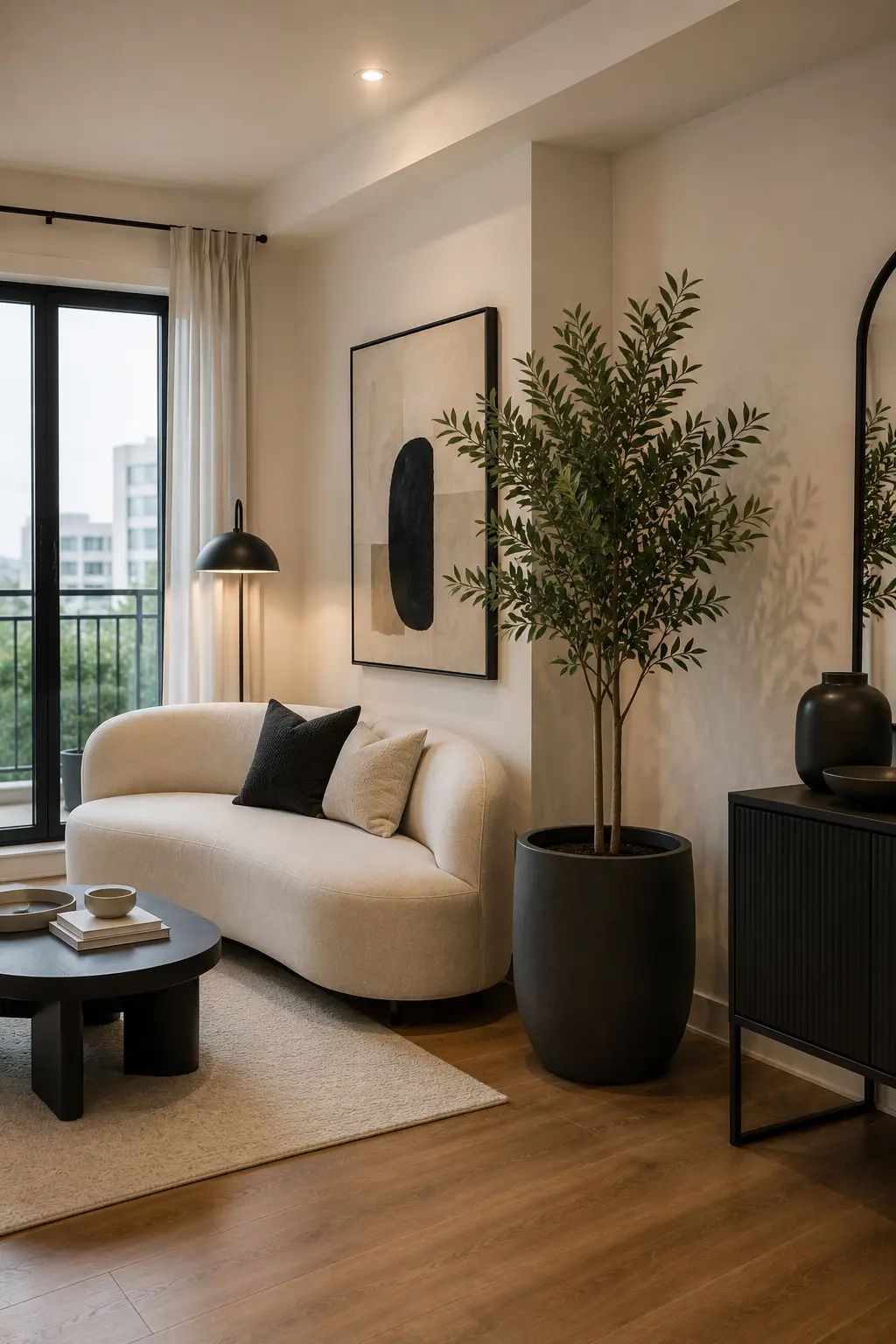 Contemporary living room with a tall leafy indoor tree displayed in a large matte black planter beside a curved cream sofa, black ribbed sideboard, abstract wall art, rounded coffee table, and neutral textured rug, creating a sophisticated modern interior.