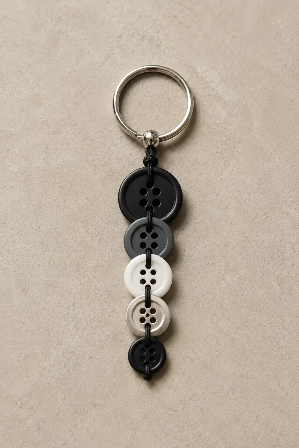 A finished button keychain made from stacked black, charcoal gray, white, silver, and small black buttons arranged from largest to smallest, threaded vertically with black cord and attached to a silver metal keyring, creating a simple modern handmade accessory on a neutral textured background.