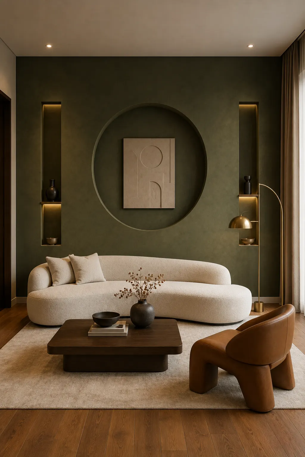Sophisticated modern living room featuring a deep olive green accent wall with a large recessed circular architectural niche, illuminated display shelves, warm concealed LED lighting, curved cream sofa, dark walnut coffee table, caramel leather accent chair, sculptural brass floor lamp, warm wood flooring, and refined luxury home decor.