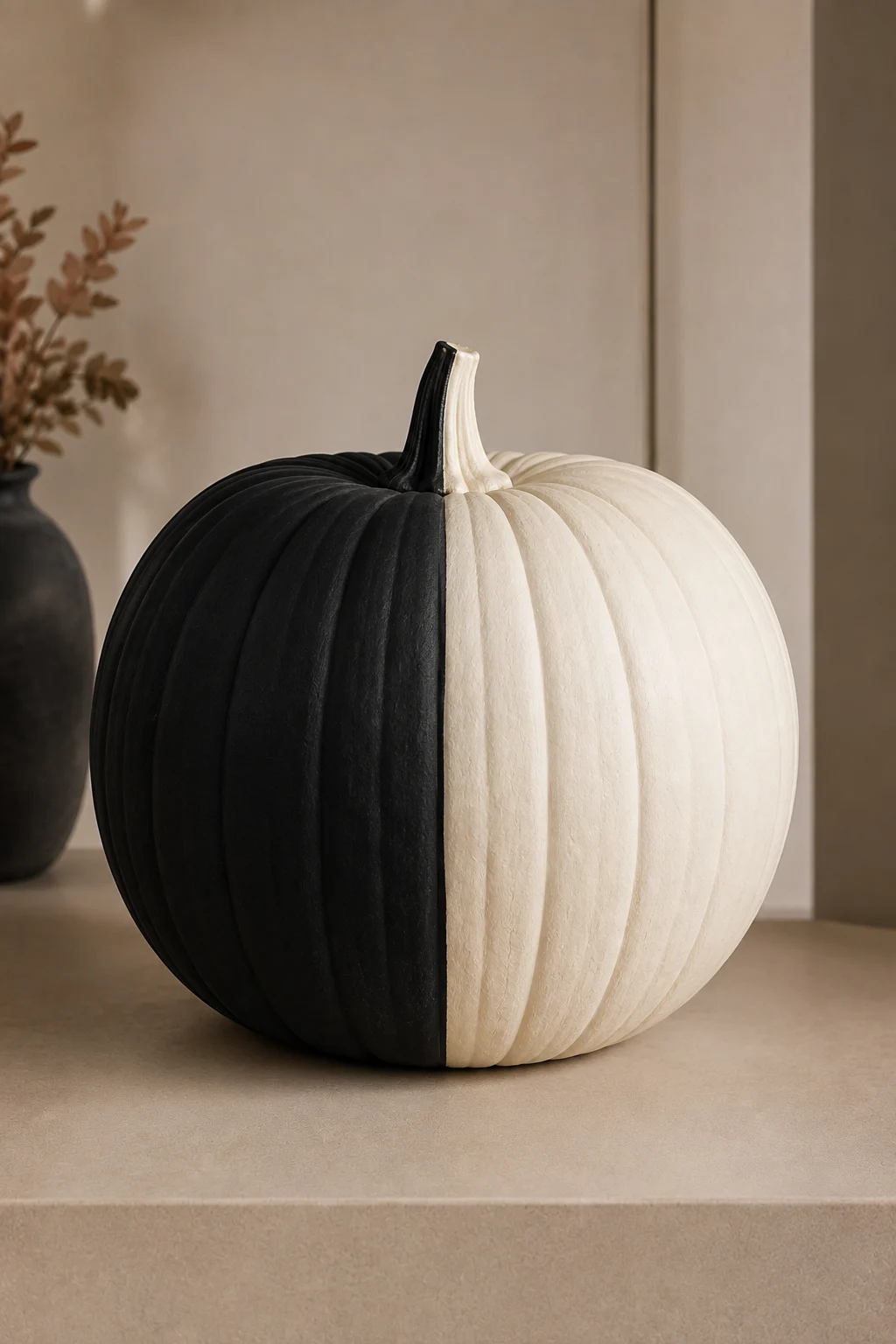A real pumpkin divided vertically into two equal painted sections, with one half finished in deep matte black and the other in warm ivory, creating a bold minimalist black and white fall decor statement.