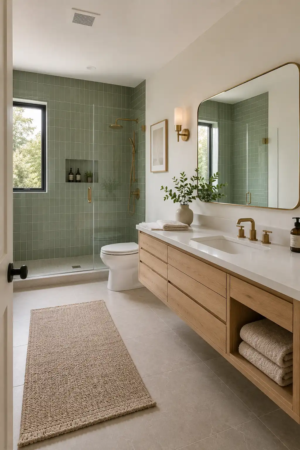 Warm modern sage green bathroom featuring soft muted green vertical shower tile, light natural oak floating vanity with open shelving, bright white countertop, integrated ceramic sink, large rounded brass-framed mirror, brushed brass faucet and shower fixtures, frameless glass shower enclosure, white toilet, light neutral floor tiles, textured woven runner, folded cream towels, and natural greenery.