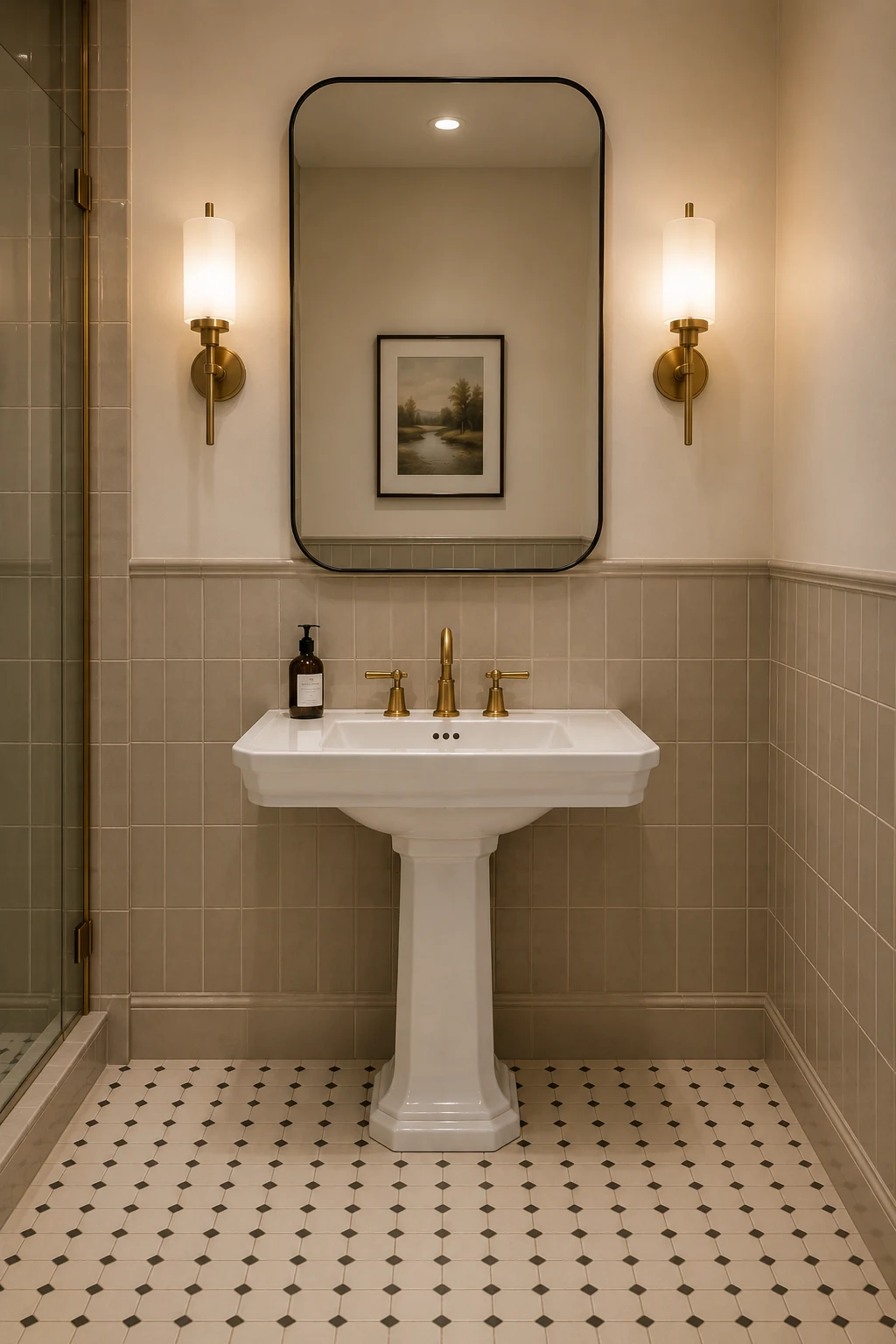 Warm neutral vintage bathroom with taupe ceramic wall tile, classic white pedestal sink, slim black-framed rounded mirror, aged brass faucet and sconces, cream geometric floor tile, and elegant contemporary vintage styling.