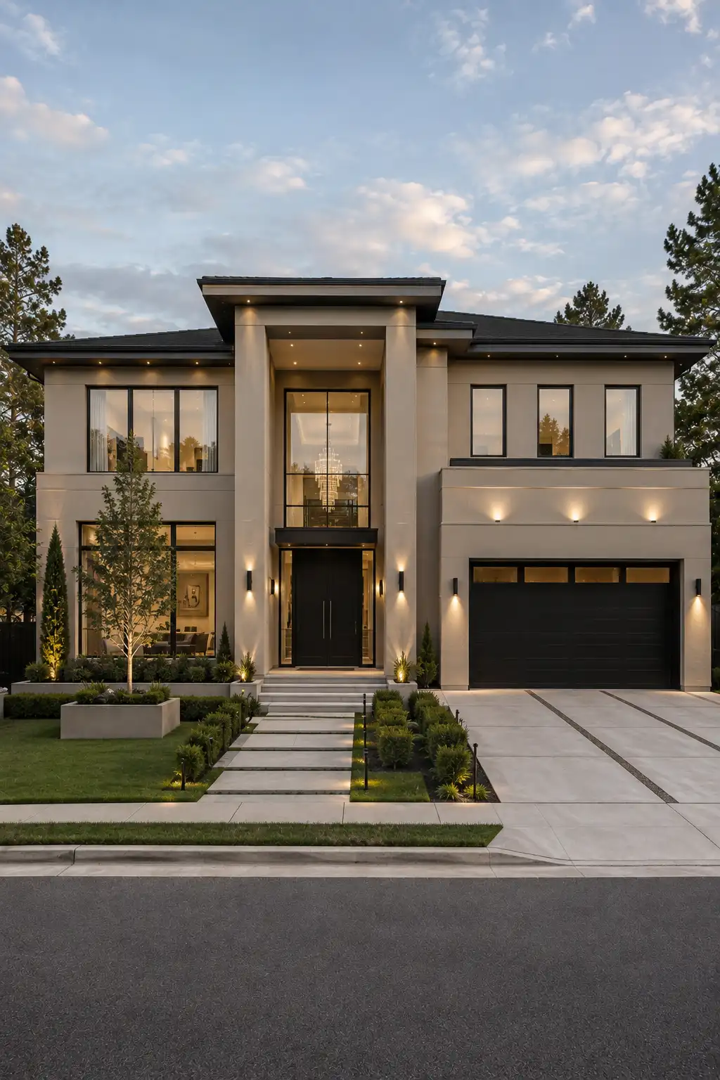 Modern luxury two story home with sophisticated taupe exterior paint, charcoal architectural accents, black framed windows, dark garage door, tall contemporary entrance, clean geometric facade, manicured front lawn, structured shrubs, and refined exterior lighting.