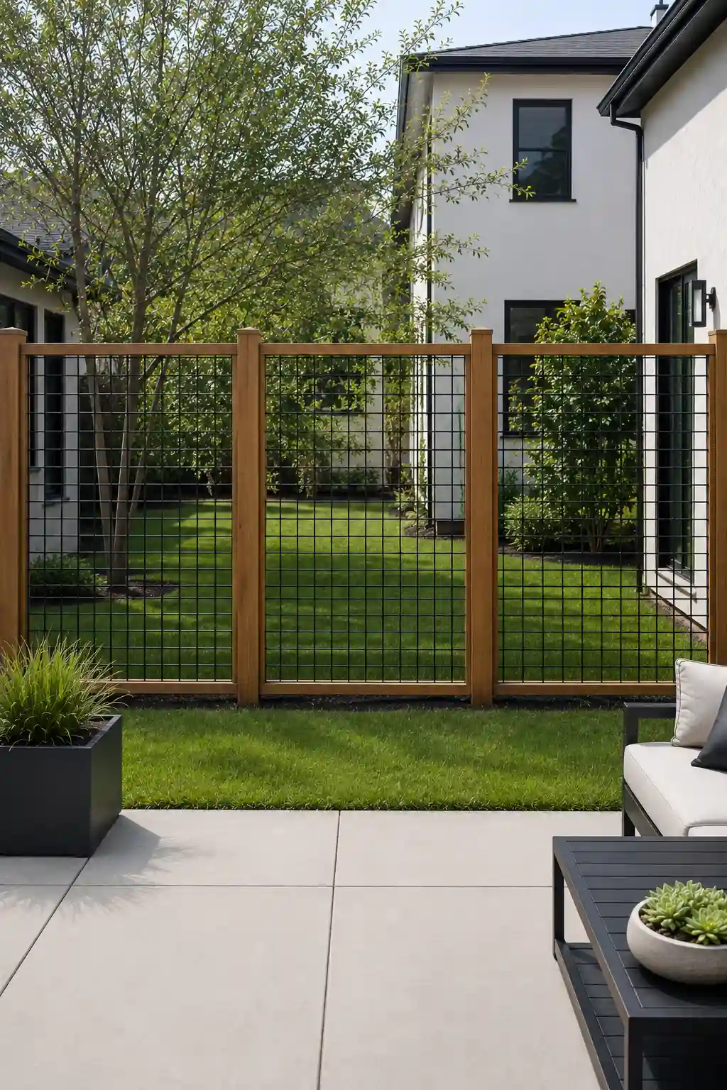 Modern wire grid fence with square black metal mesh panels and warm wood framing, providing an open contemporary boundary that preserves visibility while defining a landscaped backyard with mature trees, green lawn, concrete patio, and modern seating.