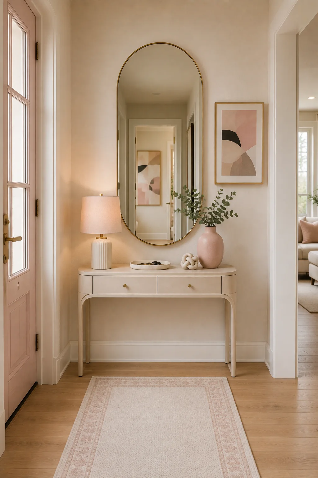 Elegant small entryway featuring a slim curved cream console with rounded edges and two drawers, tall arched brass framed mirror, warm neutral walls, soft table lamp, blush ceramic vase with greenery, shallow decorative tray, sculptural knot accent, framed abstract artwork, light oak flooring, subtle patterned runner, and sophisticated contemporary entryway decor with warm accents.