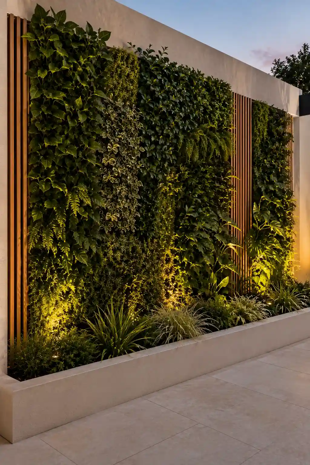 Modern backyard living wall filled with dense layered greenery, cascading plants, trailing foliage, ferns, vertical timber slat accents, raised concrete planter, neutral patio paving, and warm uplighting that creates a lush contemporary garden feature.