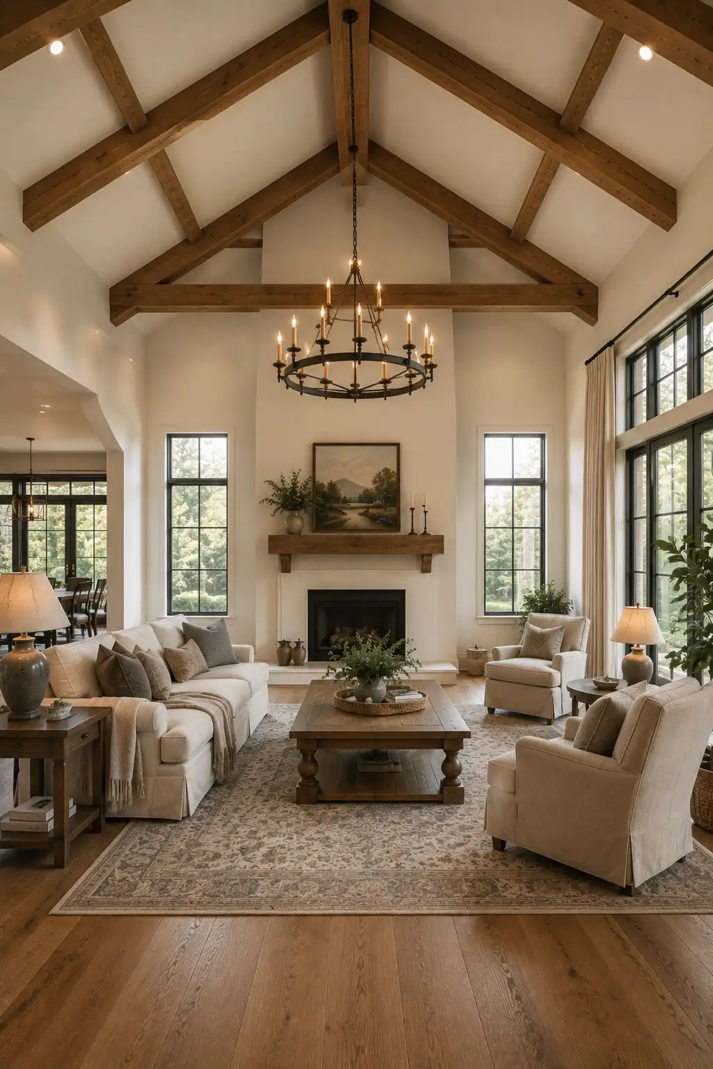 Joanna Gaines inspired great room featuring soaring vaulted ceilings, exposed natural wood beams, oversized black iron chandelier, cream sofa and armchairs, rustic coffee table, neutral vintage rug, fireplace, tall windows, and warm modern farmhouse details.