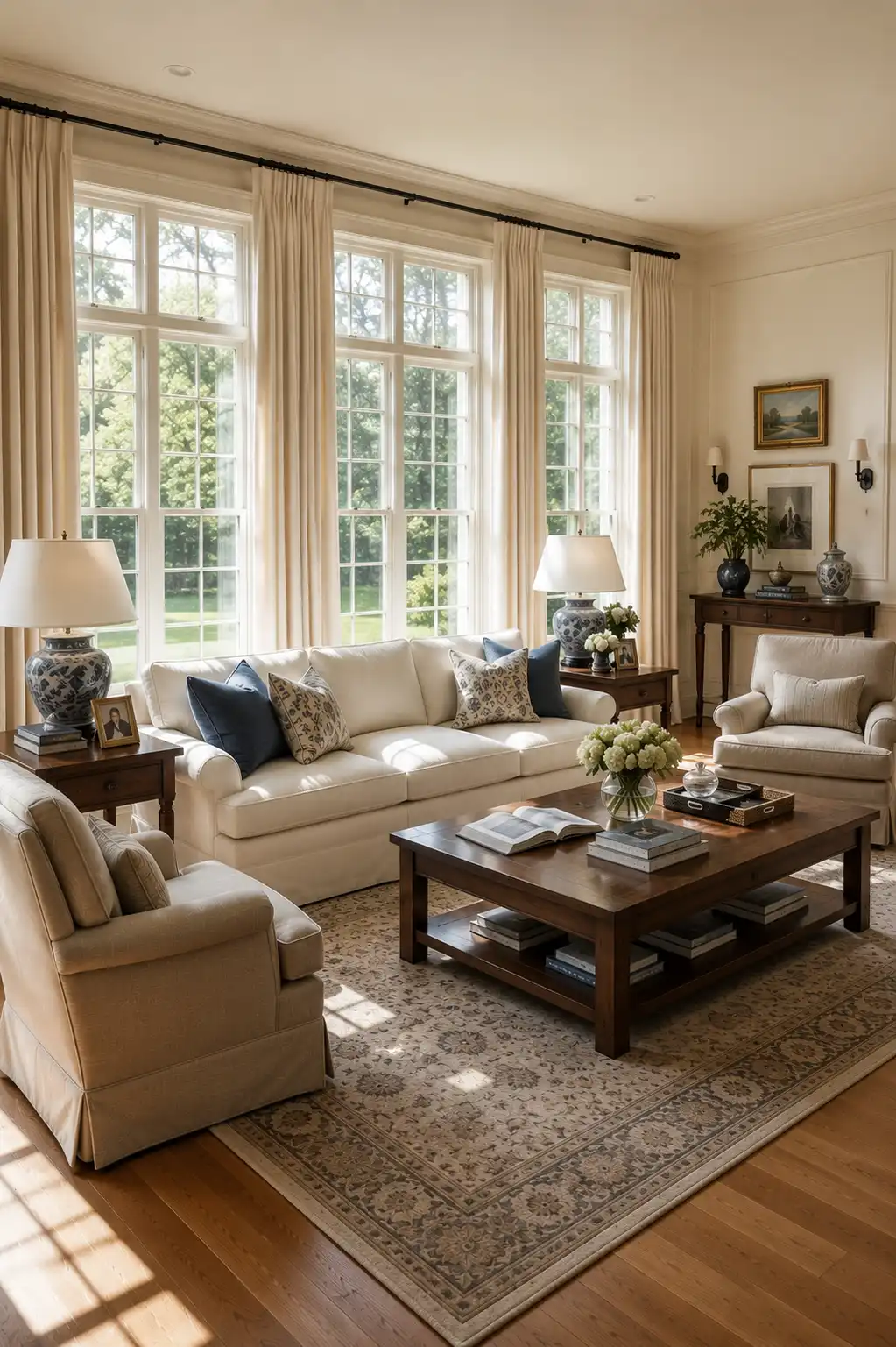 Bright Nancy Meyers inspired living room with a wall of tall divided light windows, floor length ivory curtains, cream sofa and armchairs, dark wood coffee table, ceramic lamps, patterned area rug, fresh flowers, and elegant traditional details.