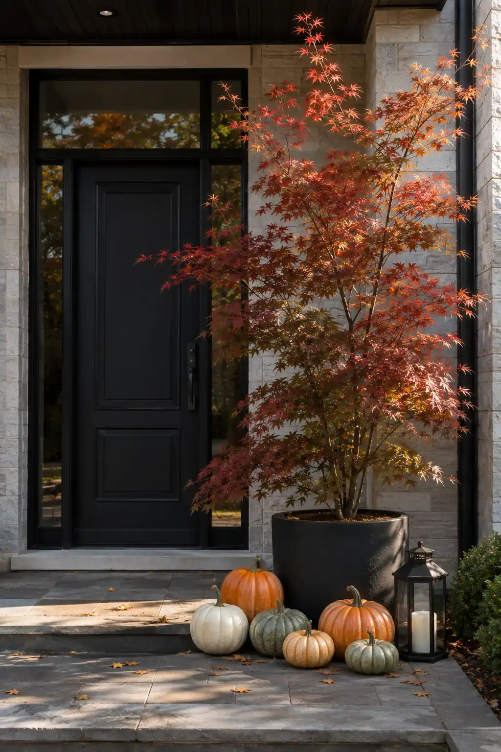 Elegant front porch fall decor featuring a large potted tree with rich red and copper autumn foliage beside a black front door, surrounded by orange, cream, and sage pumpkins with a tall black lantern for a warm seasonal accent.