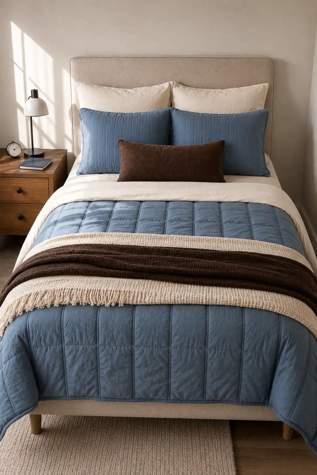 Dusty blue dorm bedding idea featuring a quilted blue comforter, cream sheets, matching blue pillows, a chocolate brown lumbar cushion, and layered cream and brown textured throws for a warm and refined college dorm room.