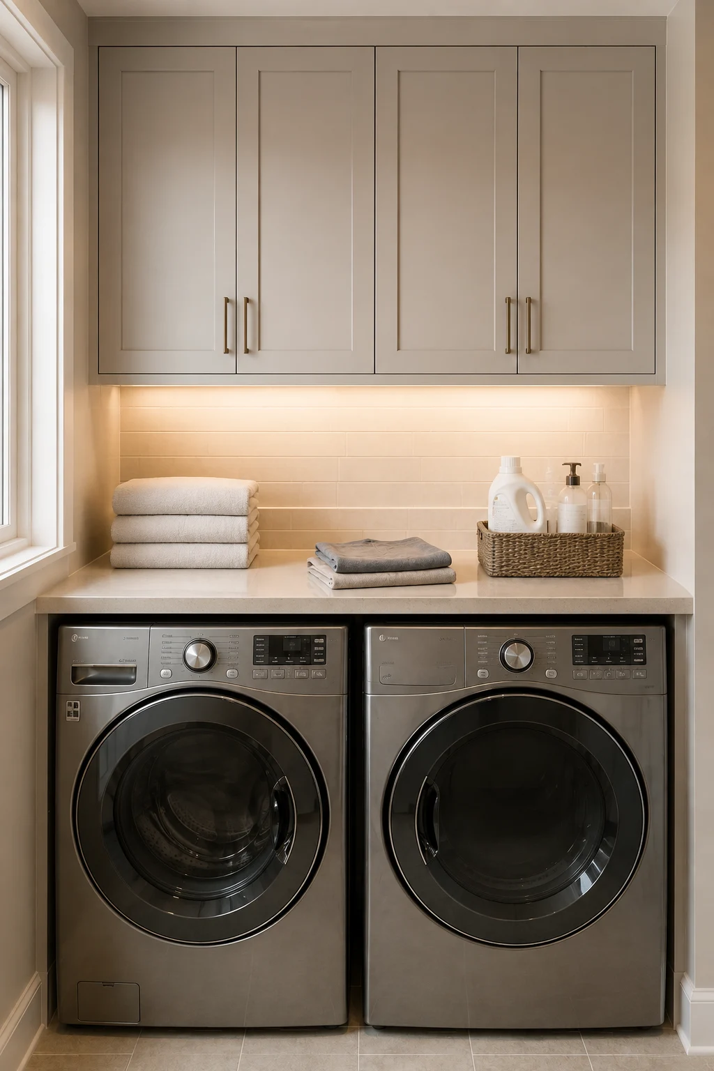 Modern laundry room folding station with a spacious countertop installed above front loading washer and dryer machines, upper storage cabinets, folded towels, organized laundry essentials, backsplash, and practical under cabinet task lighting.