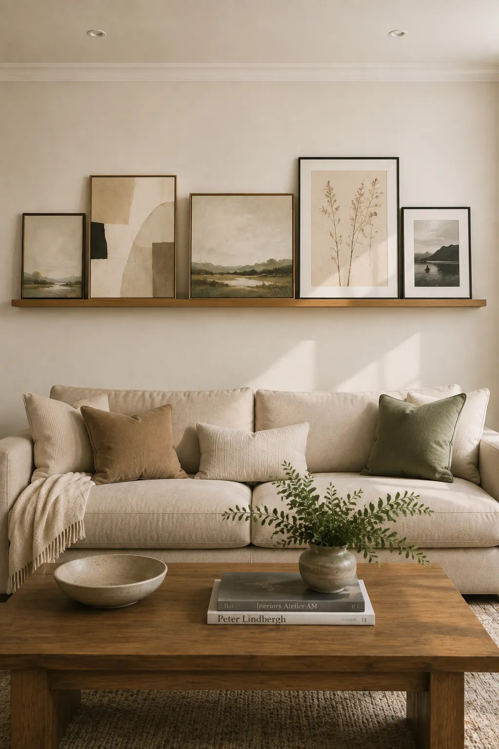 Stylish living room wall decor featuring a long wood picture ledge above a cream sofa, layered with landscape art, botanical prints, abstract artwork, and photography in varied frame sizes for a collected gallery display.