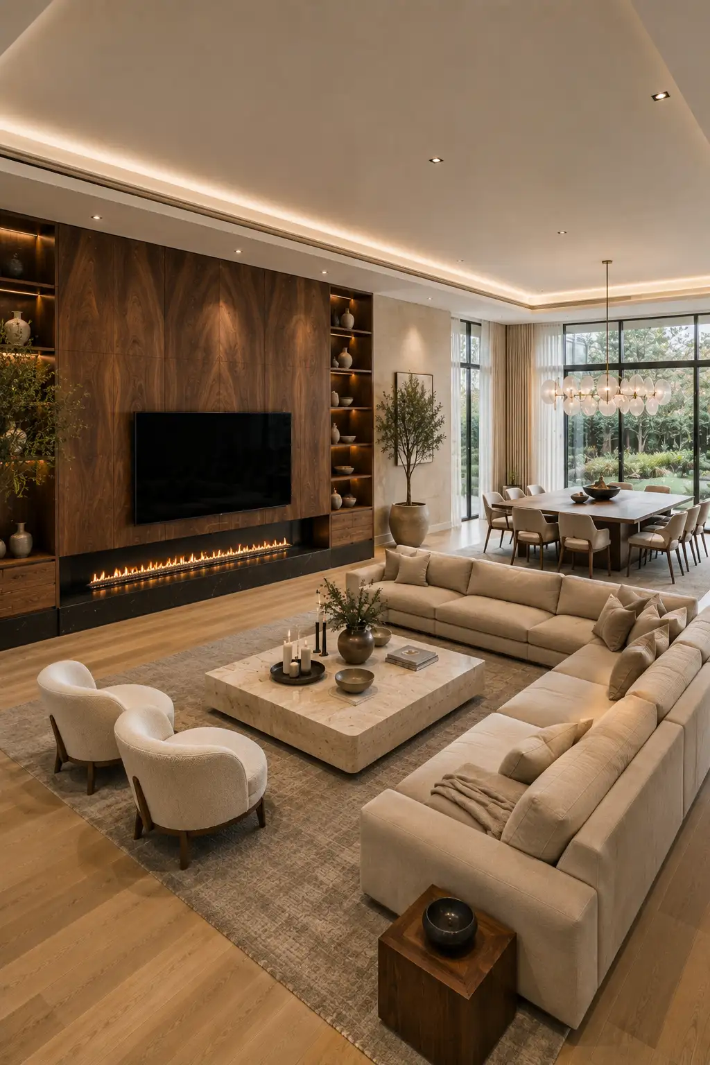 Designer open layout living room dining room with a custom walnut feature wall, floating media unit, linear fireplace, spacious ivory sectional sofa, natural stone coffee table, premium dining table, elegant pendant lighting, large windows, light wood flooring, and timeless luxury contemporary home decor.