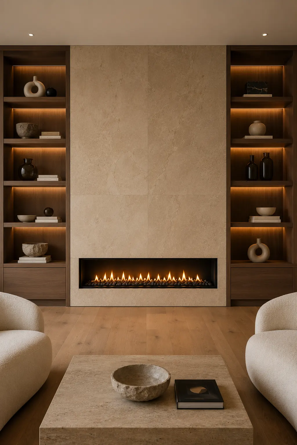 Custom built in fireplace wall with floor to ceiling walnut shelving, natural stone fireplace surround, modern linear fireplace, warm LED shelf lighting, luxury decorative styling, and a sophisticated contemporary living room with premium custom cabinetry.