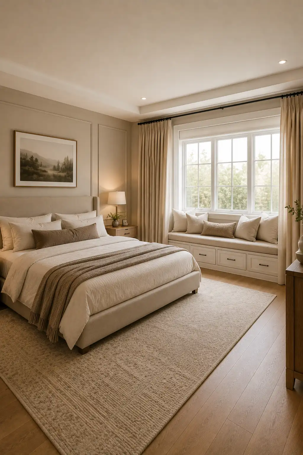 Cozy adult bedroom featuring a built in window seat with storage drawers, layered neutral cushions, large bright window, floor length curtains, cream upholstered bed, warm beige bedding, textured area rug, and refined modern bedroom decor.