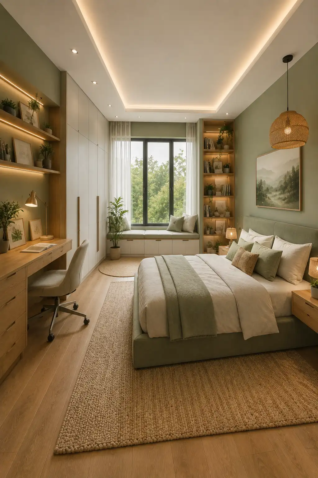 Nature inspired kids room renovation featuring calming sage green walls, warm wood furniture, built in study desk, floor to ceiling wardrobes, illuminated shelving, window seating, soft neutral bedding, indoor greenery, and warm lighting for a peaceful modern bedroom.