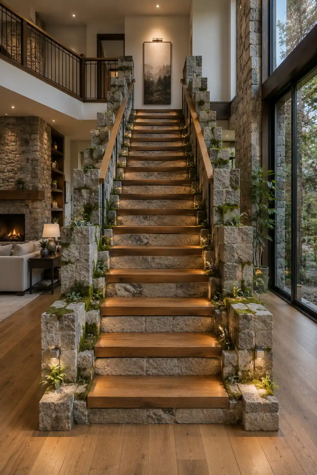 Realistic Minecraft inspired staircase featuring warm wooden treads framed by rugged gray stone blocks, irregular masonry details, small green plants between stone sections, wooden handrails, dark metal balusters, warm step lighting, large windows, and a luxurious natural material interior.