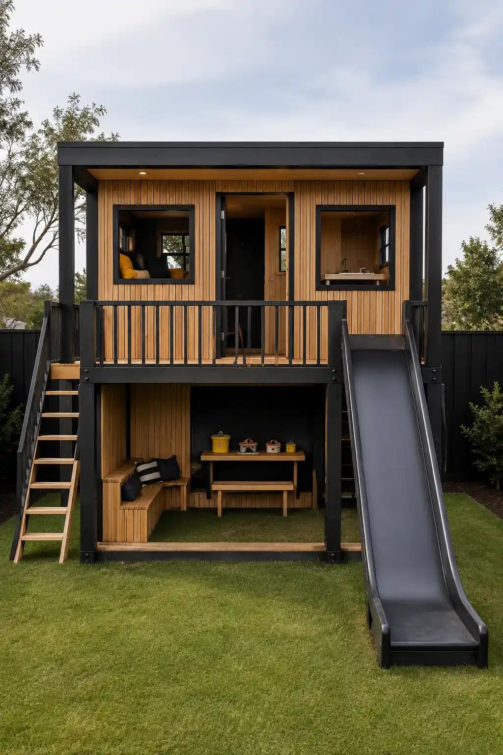 Modern kids playground with a cozy lower-level hideaway featuring a raised contemporary wooden playhouse, warm vertical wood siding, matte black structural framing, covered upper deck with large windows, secure wooden ladder, wide dark gray slide, open shaded clubhouse underneath with built-in wooden bench seating and play table, green lawn, landscaped shrubs, and modern backyard surroundings.
