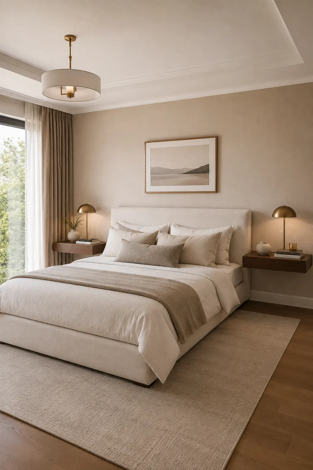 Modern luxury bedroom featuring compact walnut floating bedside shelves mounted directly on both sides of a large upholstered cream bed. Each floating nightstand provides a clean surface for a small contemporary lamp, ceramic vase, books, and subtle decorative accents while keeping the bedroom floor open and uncluttered. Soft beige bedding, warm neutral walls, natural wood flooring, elegant curtains, minimalist artwork, and contemporary lighting create a calm and refined modern bedroom design.