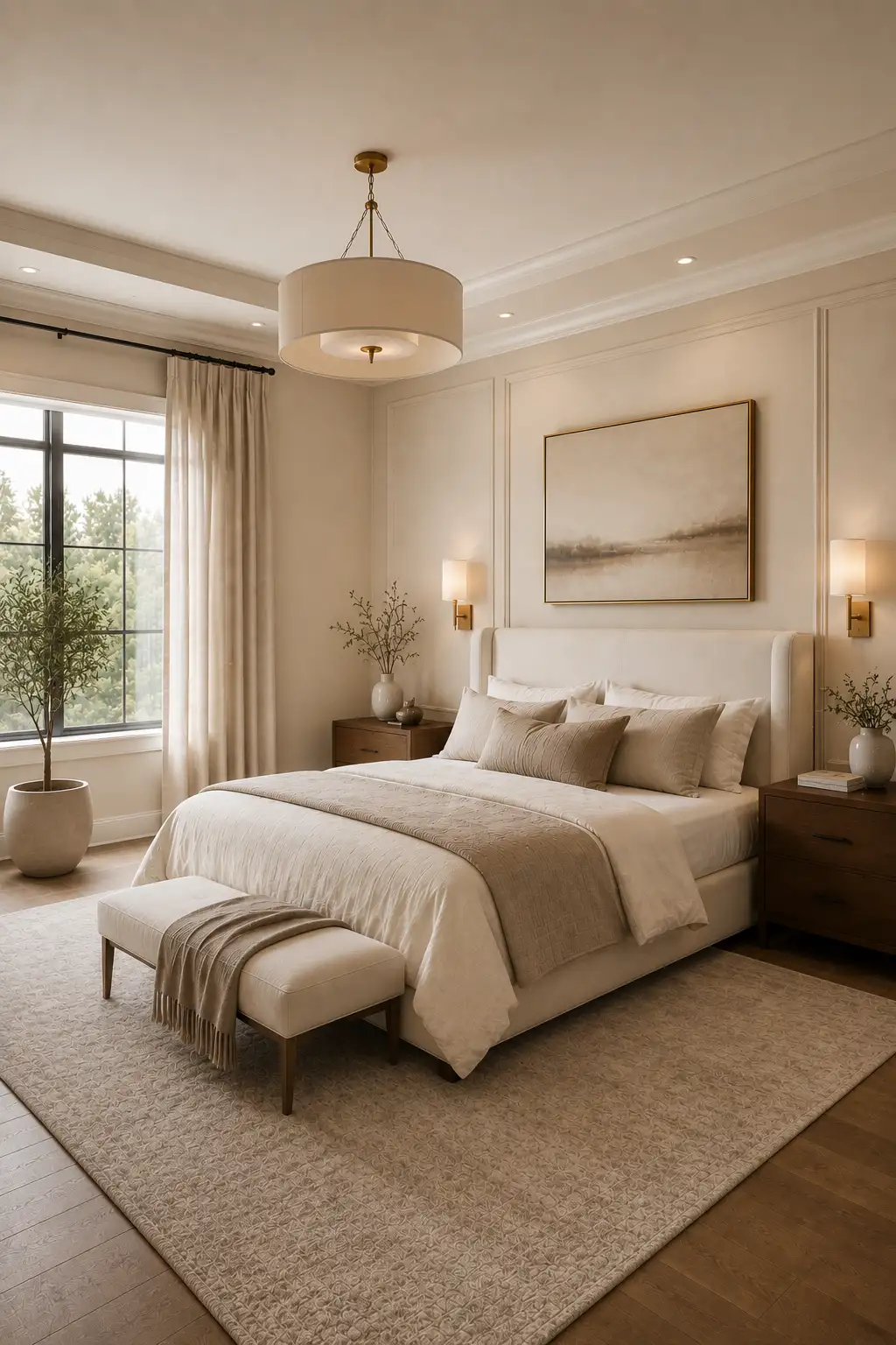 Bright elegant bedroom featuring creamy beige painted walls with subtle decorative panel molding, a large ivory upholstered bed dressed in layered cream and beige bedding, warm walnut nightstands, brushed brass wall sconces, floor-to-ceiling neutral curtains, a large textured cream area rug, natural hardwood flooring, framed neutral artwork, soft greenery, and abundant natural daylight creating a refined modern luxury bedroom.