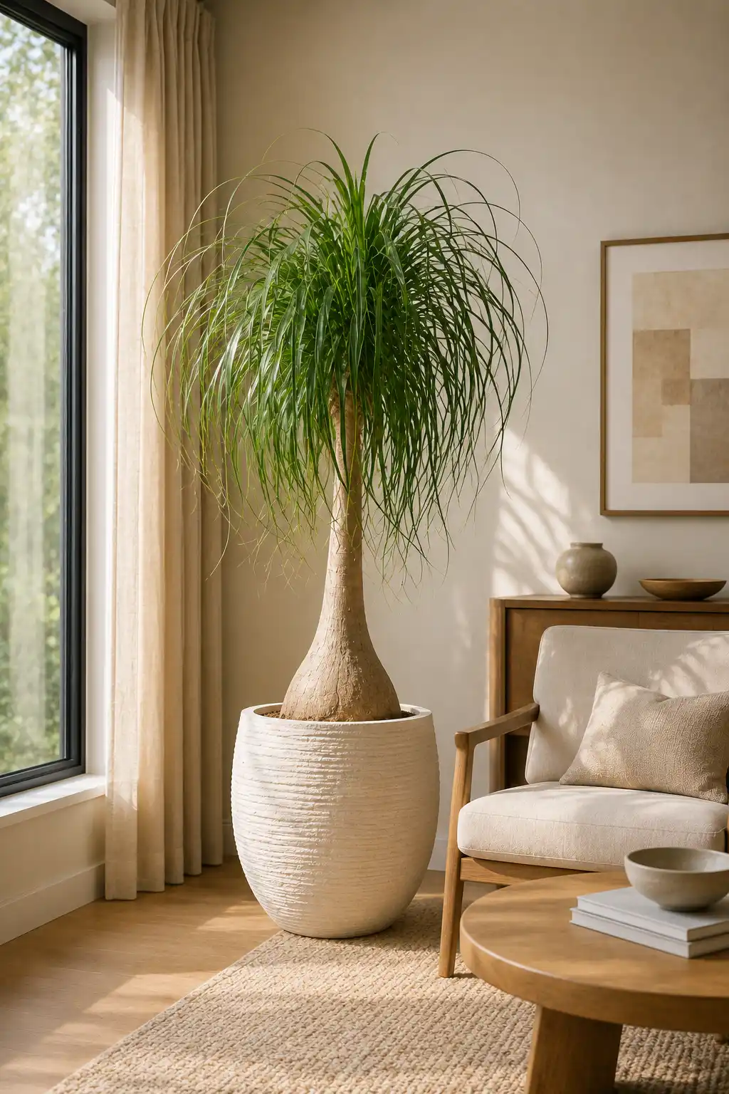 Large Ponytail Palm with a distinctive swollen trunk and long flowing narrow green leaves in a textured white ceramic planter beside a modern wooden accent chair, round coffee table, neutral rug, and tall sunny window.