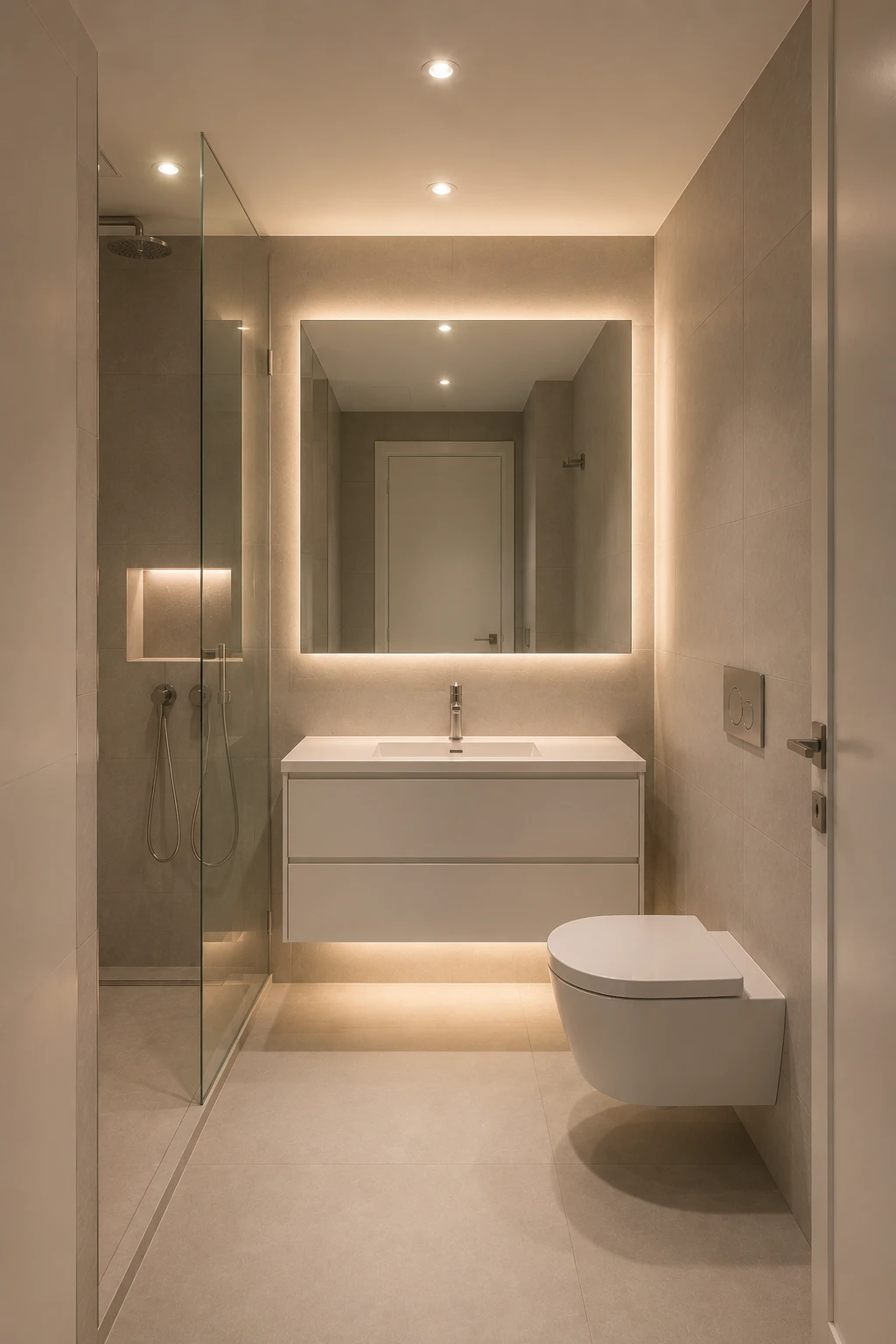 Modern small bathroom with a complete wall mounted floating vanity in soft white, leaving generous visible floor space underneath. The bathroom features a large illuminated mirror, integrated countertop sink, minimalist chrome faucet, warm neutral porcelain tiles, frameless glass shower, recessed ceiling lights, and subtle under vanity lighting for an airy luxury finish.