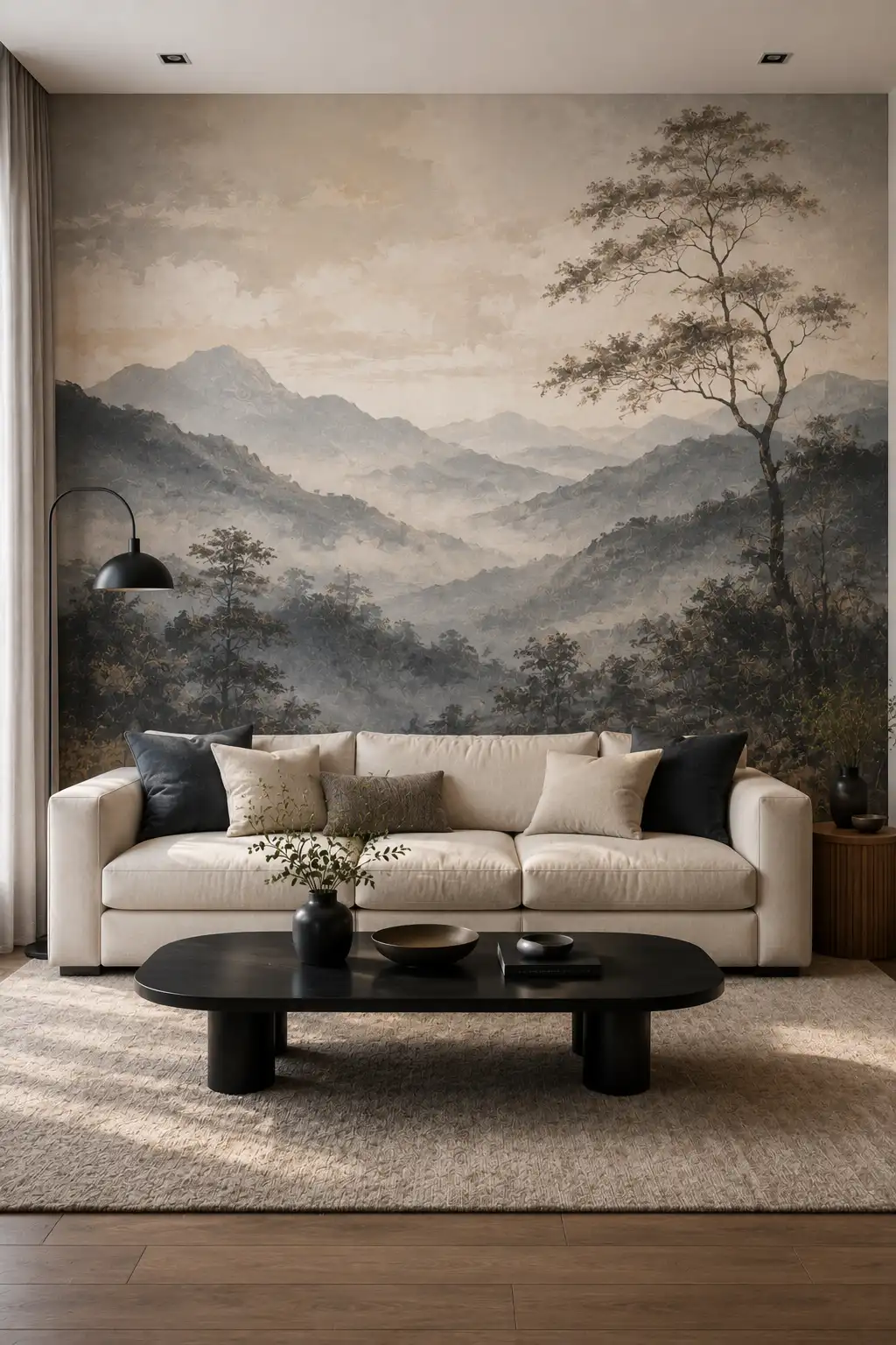 Dramatic modern living room featuring a full-wall scenic mural wallpaper with misty mountains, layered hills, atmospheric trees, and muted earthy tones, styled with a cream sofa, black coffee table, neutral rug, dark accents, and elegant contemporary lighting.