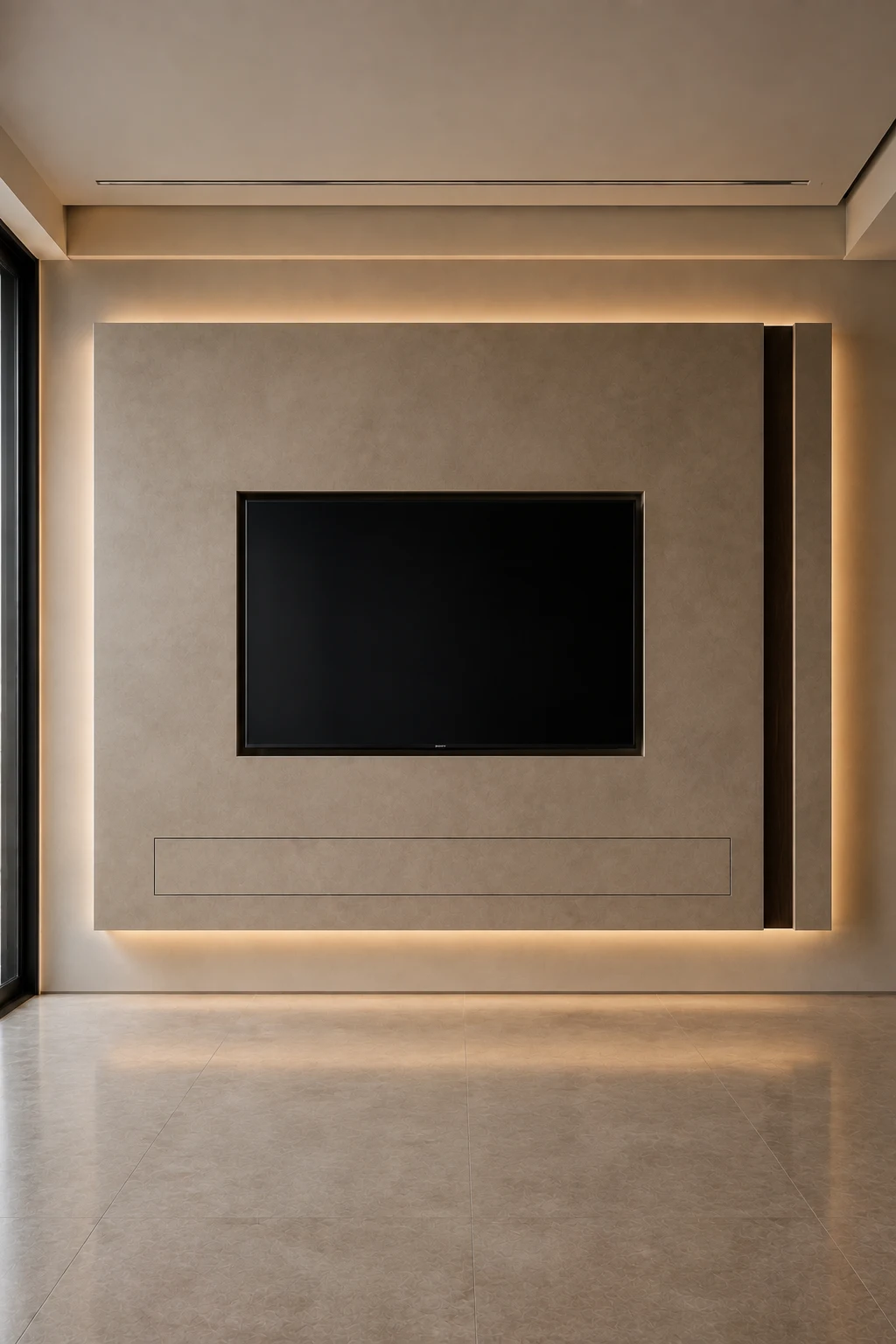Minimal floating TV wall featuring an oversized monolithic panel with a recessed television, deep perimeter shadow gaps, warm backlighting, a slim vertical accent panel, and flush concealed media storage for a clean architectural statement in a modern interior.