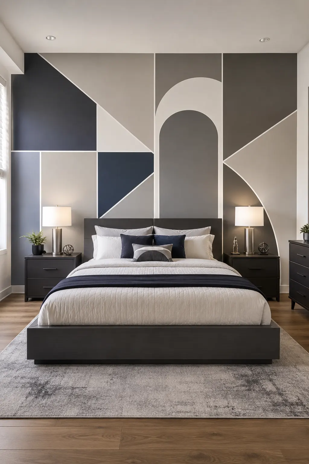 Modern teen bedroom featuring a bold DIY geometric accent wall made with charcoal, cream, soft gray, and muted navy painted shapes, including diagonal sections, rectangles, vertical panels, and curved architectural details behind the bed. The room has contemporary black furniture, neutral bedding, modern table lamps, natural wood flooring, and sophisticated geometric bedroom decor.