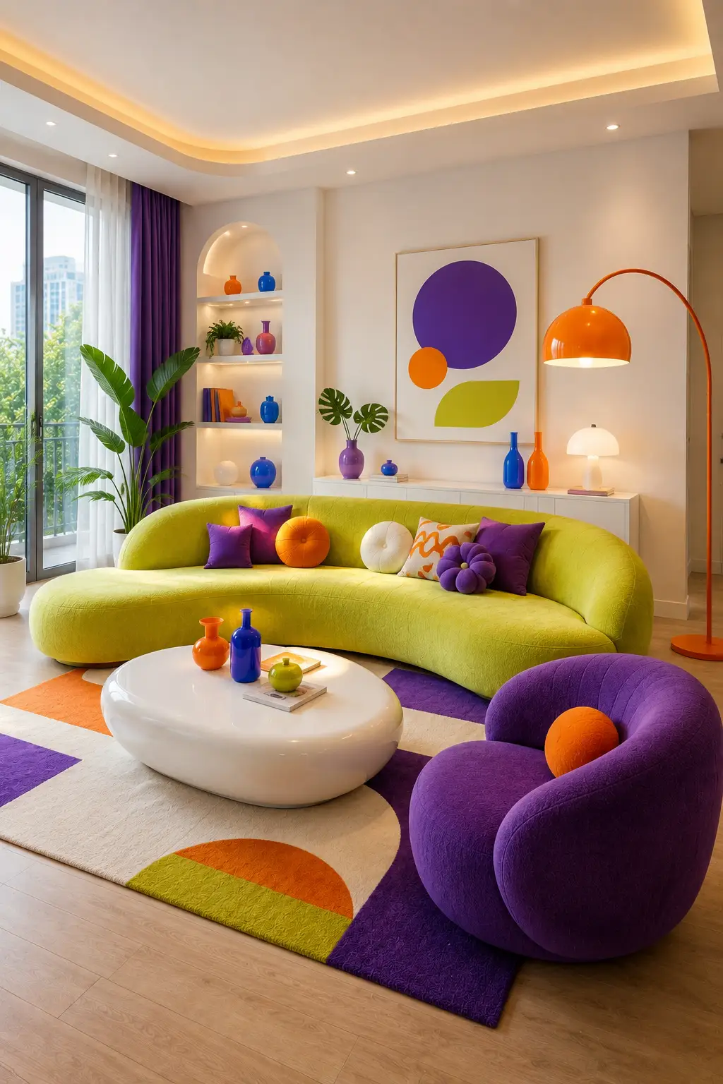 Vibrant Toca Boca inspired living room featuring a large lime green curved sofa, oversized deep purple rounded accent chair, white sculptural coffee table, colorful geometric area rug with purple, orange, green, and cream shapes, orange and blue decorative vases, purple cushions, abstract modern wall art, tall indoor plant, illuminated arched shelving, orange floor lamp, warm ceiling lighting, and contemporary playful furniture captured across the full room.