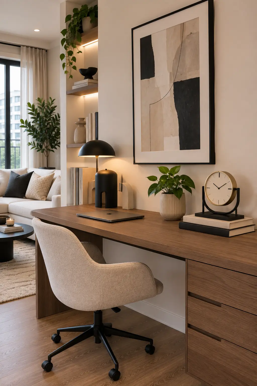 Modern home office featuring a warm wood desk with drawers, a cream upholstered curved desk chair, and a sculptural matte black table lamp, styled with abstract framed artwork, decorative books, a small green plant, and built-in shelving for an elevated workspace.