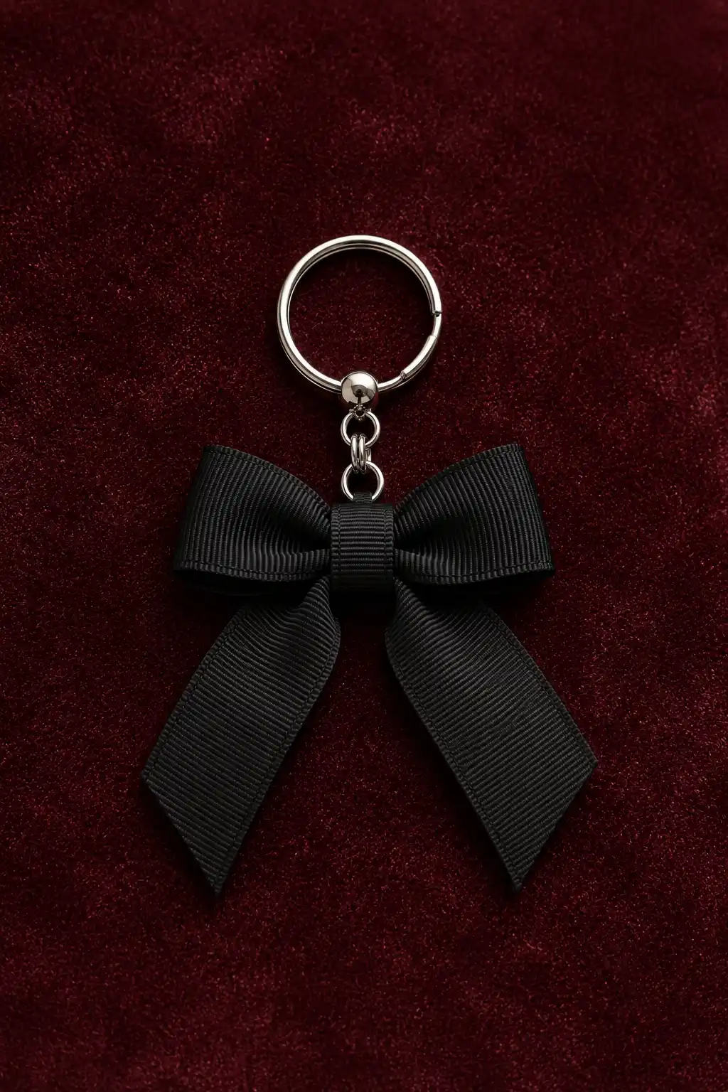 A finished black grosgrain ribbon bow keychain featuring a neatly folded structured bow with long pointed ribbon tails, attached to a short silver metal chain and polished round keyring, photographed against a rich burgundy textured background for a sleek and elegant handmade accessory look.