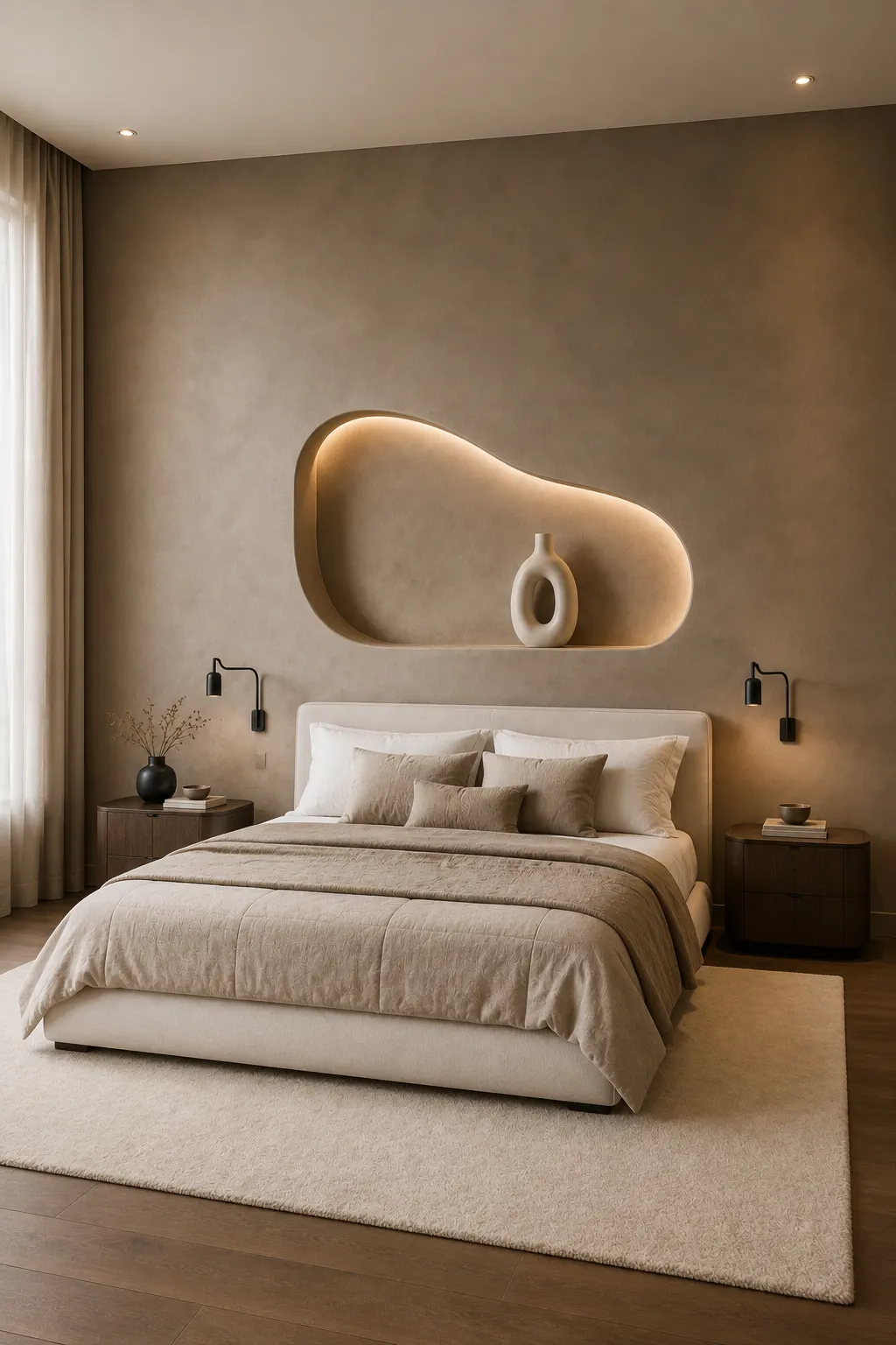 Luxury contemporary bedroom featuring a warm taupe textured accent wall with a large organic shaped recessed wall niche, soft concealed LED lighting, elegant ivory upholstered bed, layered beige bedding, dark walnut nightstands, minimalist black bedside lamps, oversized cream rug, warm wood flooring, and calm sophisticated bedroom decor.