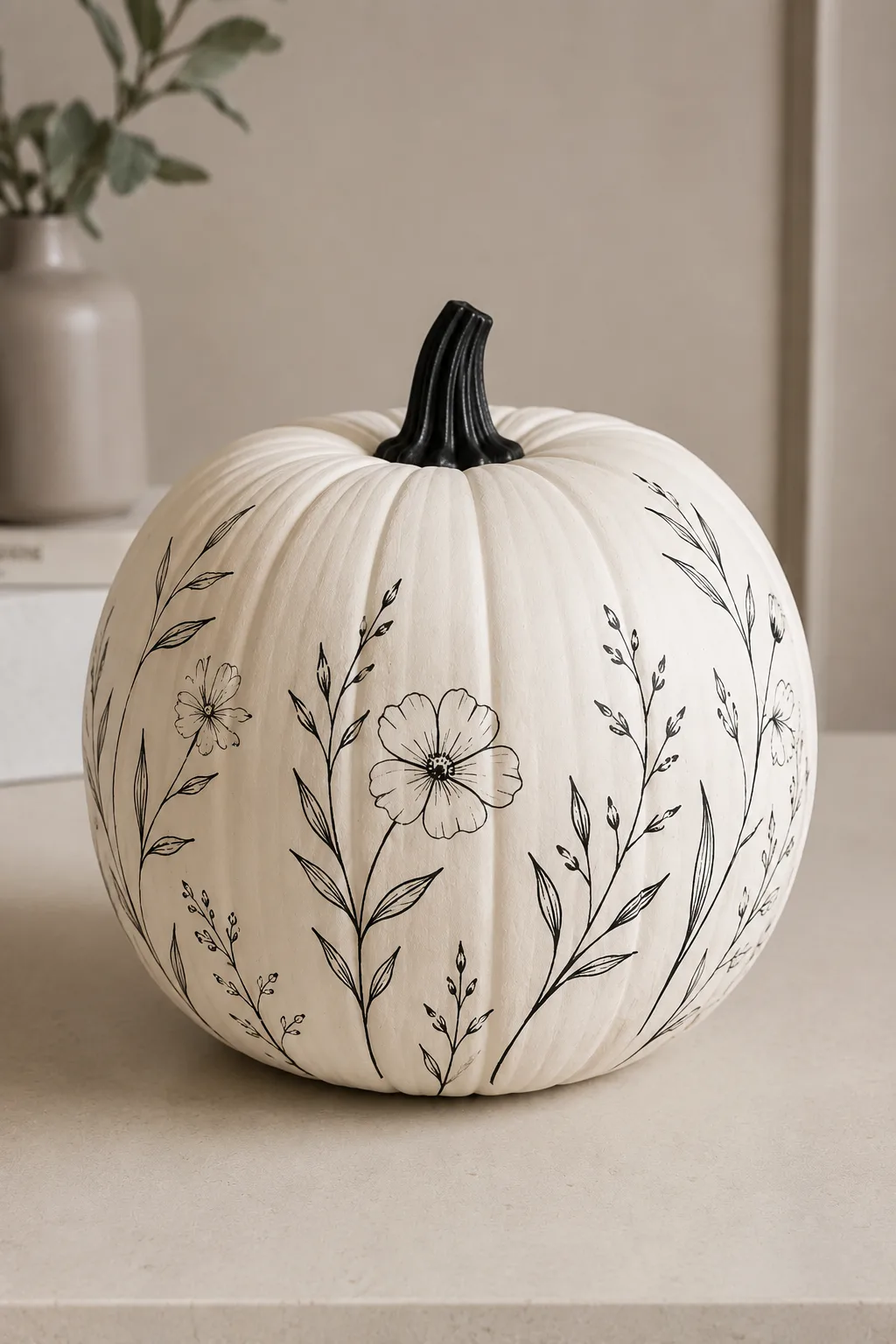 A warm ivory pumpkin featuring delicate black botanical line art with hand-painted stems, slender leaves, small buds, and simple floral outlines wrapping naturally around the pumpkin for elegant minimalist fall decor.