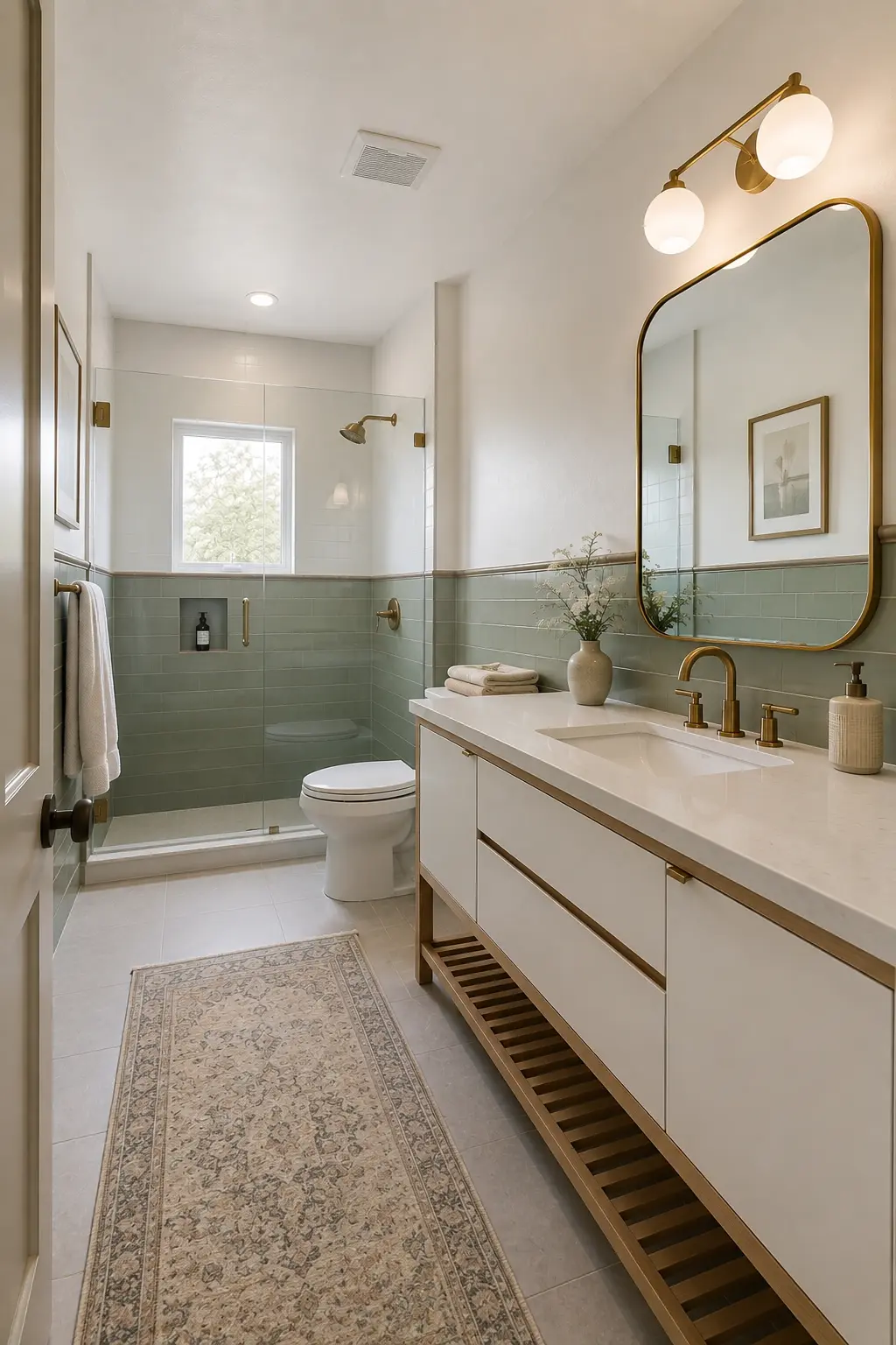 Modern sage green bathroom featuring a soft muted green subway tile half wall extending across the shower and lower bathroom walls, crisp warm white upper walls, white contemporary vanity, white countertop and integrated sink, oversized rounded brass-framed mirror, brass faucet, brass wall sconces, clear glass shower enclosure, white bathtub, neutral flooring, and a subtle patterned runner.