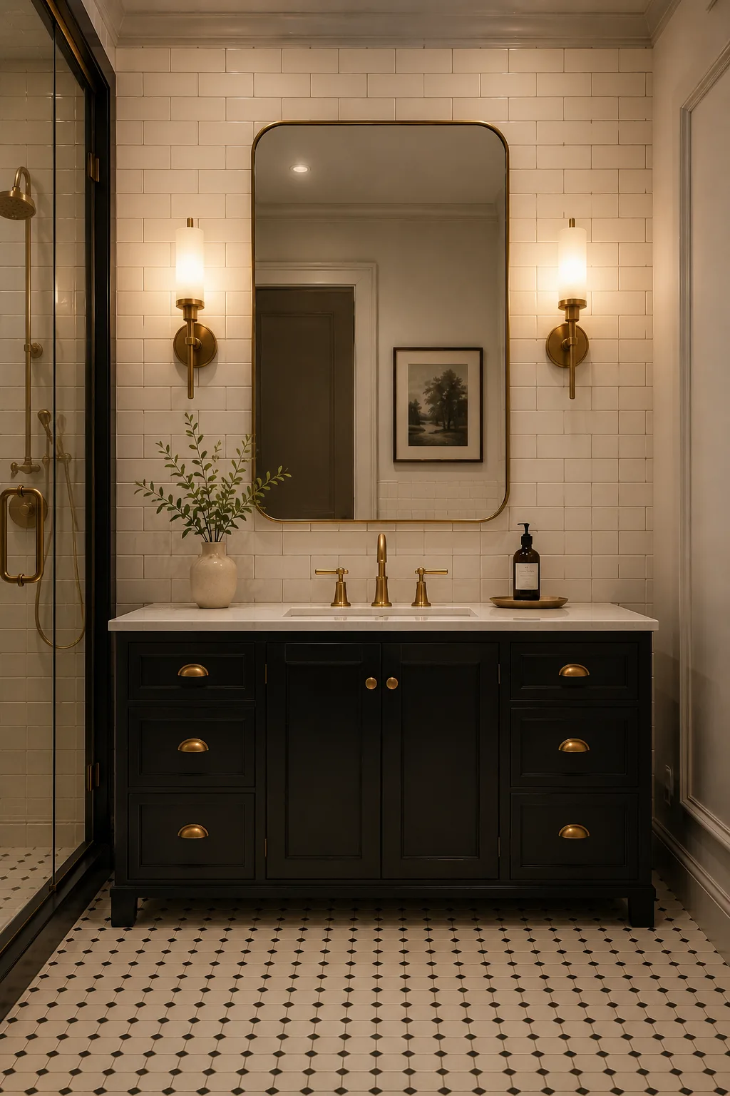 Sophisticated modern vintage bathroom with a dramatic black raised-panel vanity, warm ivory subway tile, antique brass hardware and faucet, rounded brass-framed mirror, brass sconces, and classic geometric floor tiles.