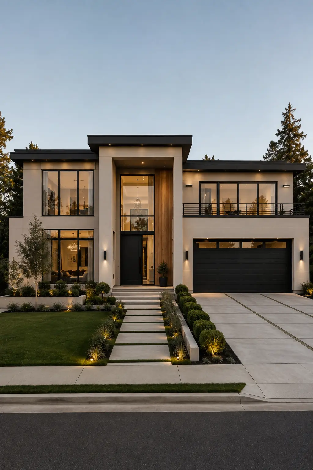 Luxury contemporary home with warm white exterior paint and dark bronze architectural details, expansive black and bronze framed windows, elegant entrance, dark roofline, modern garage, manicured landscaping, concrete pathways, and warm evening lighting.