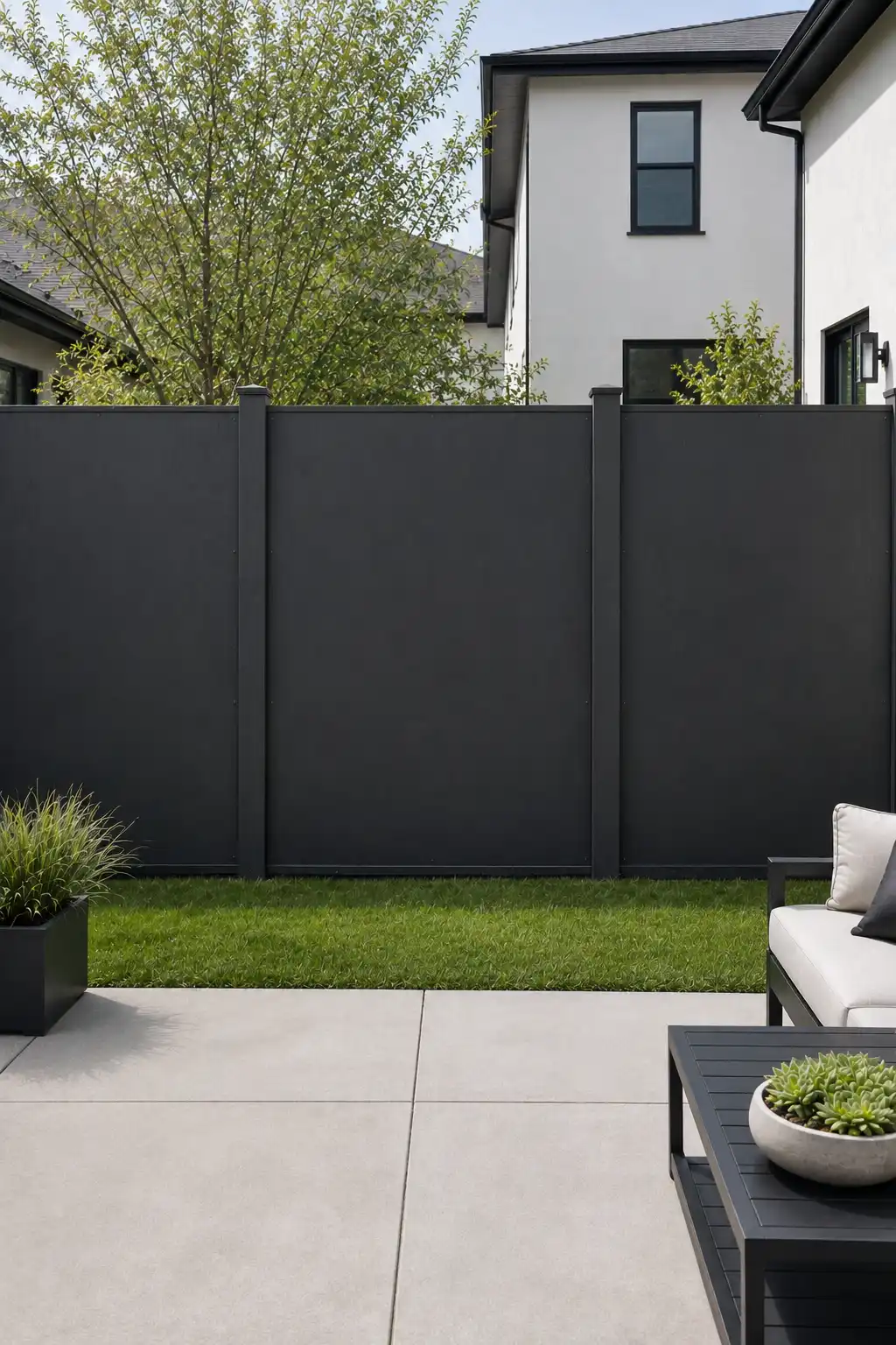 Minimalist solid charcoal privacy fence with broad smooth panels and matching dark posts, creating a simple modern backyard enclosure beside a green lawn, concrete patio, contemporary outdoor furniture, and a clean white home exterior.