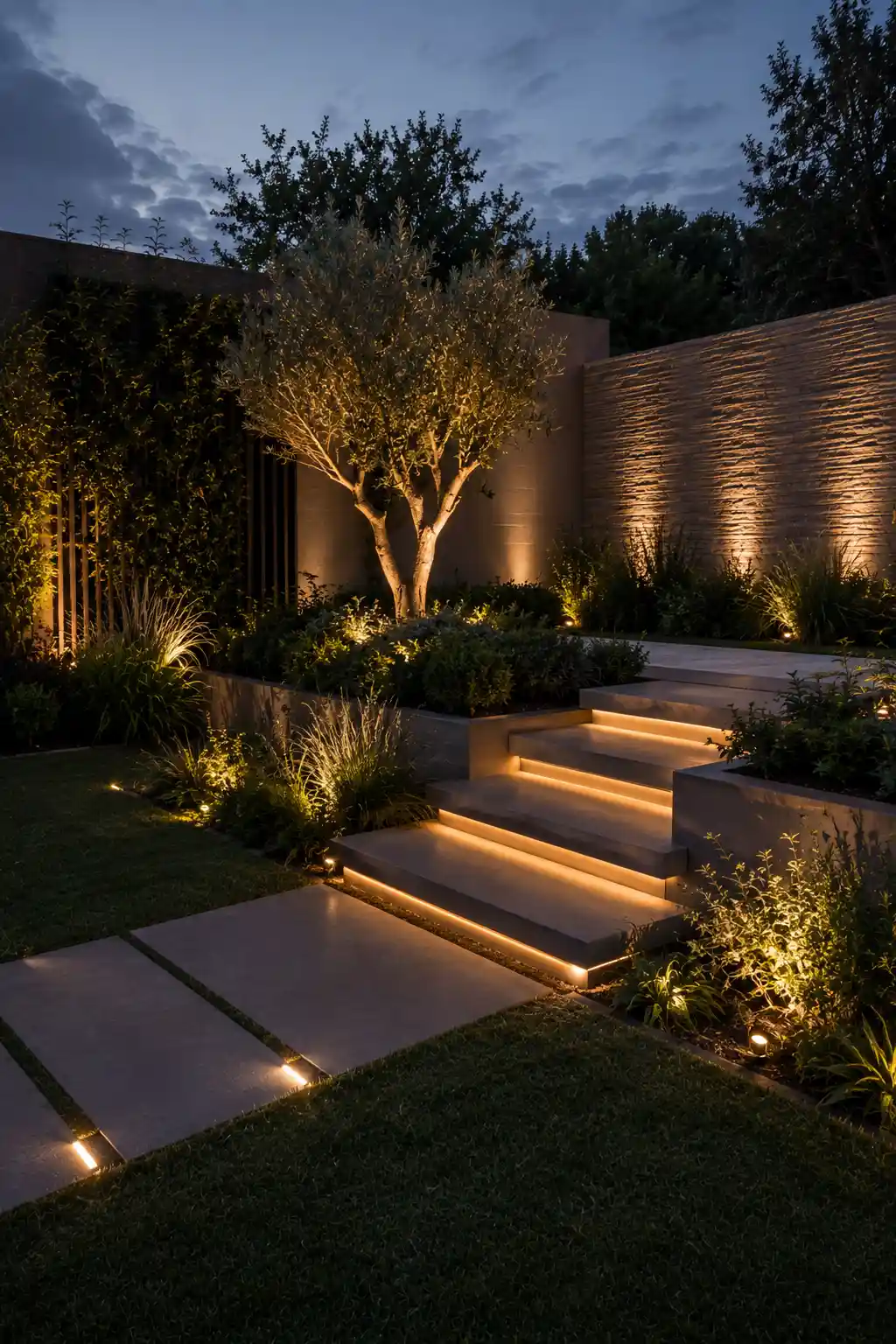 Dreamy modern backyard at dusk with illuminated floating stone steps, warm concealed LED strip lighting, mature feature tree, ornamental grasses, layered garden beds, large pathway pavers, textured privacy wall, and soft landscape uplighting throughout the garden.