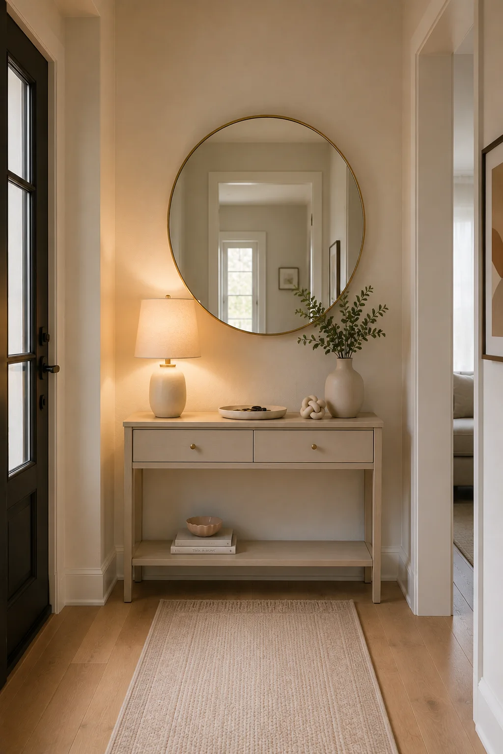 Modern small entryway featuring a narrow cream console table with two drawers and an open lower storage shelf, oversized round brass framed mirror, warm neutral walls, natural wood flooring, glowing table lamp, ceramic vase with leafy branches, shallow decorative tray, small sculptural accent, stacked books on the lower shelf, and a soft textured runner for polished compact entryway styling.