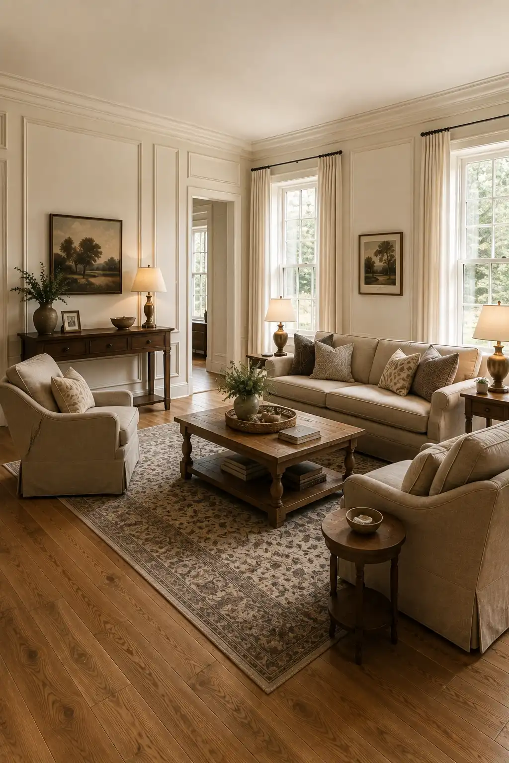Elegant Joanna Gaines inspired living room with creamy upholstered furniture, warm wood flooring, classic wall molding, tall windows with neutral curtains, rustic square coffee table, traditional patterned rug, vintage landscape art, table lamps, and collected decor.