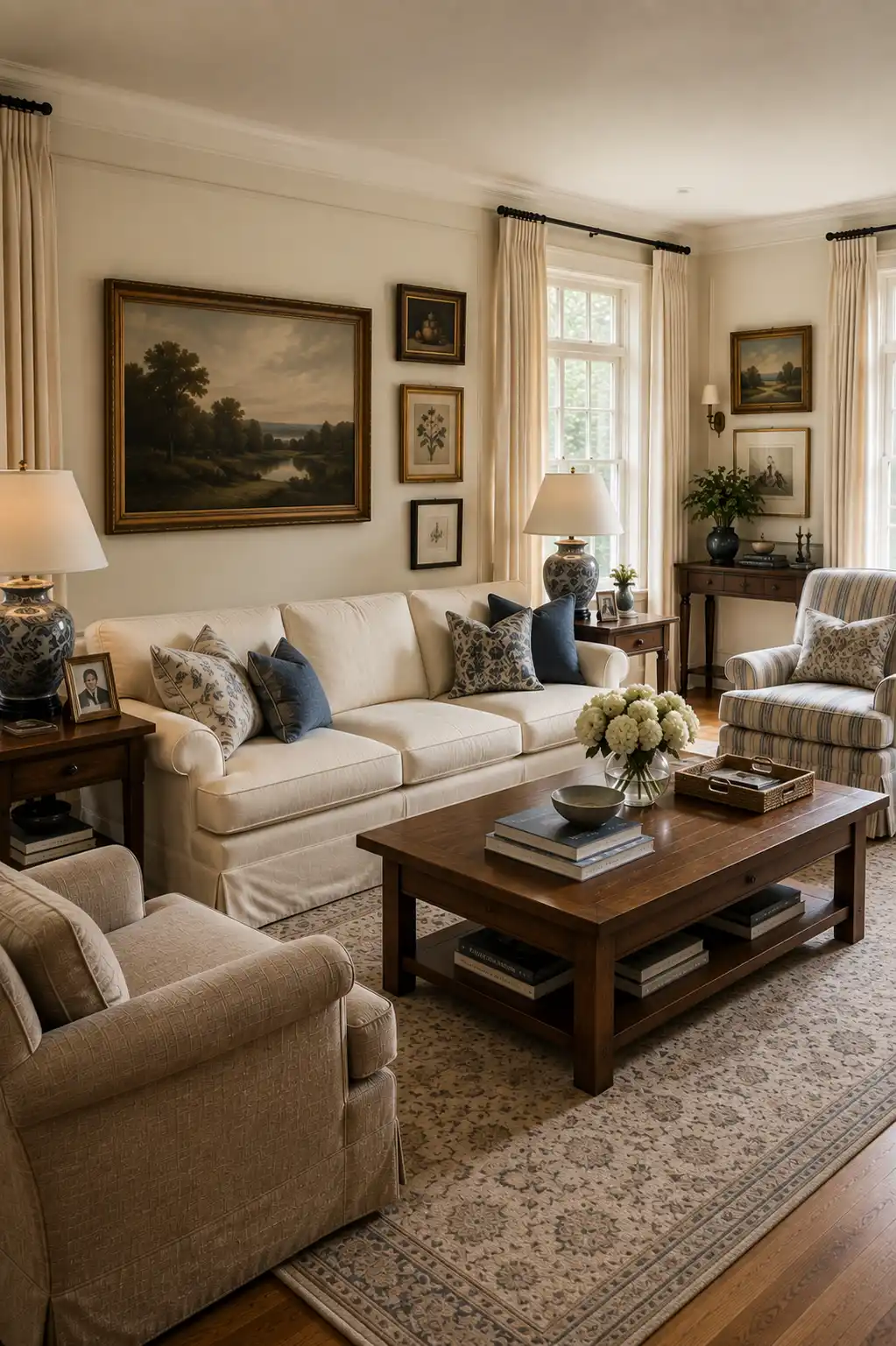 Collected Nancy Meyers living room featuring a cream upholstered sofa, striped accent chair, navy patterned pillows, large traditional landscape painting, smaller framed artwork, dark wood tables, ceramic lamps, fresh flowers, and softly filtered natural light.