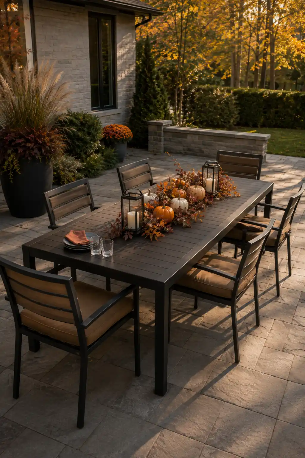 Modern outdoor fall table decor featuring a long black dining table with a low centerpiece of miniature orange and cream pumpkins, autumn foliage, and glowing black lanterns, surrounded by contemporary chairs and seasonal planters.