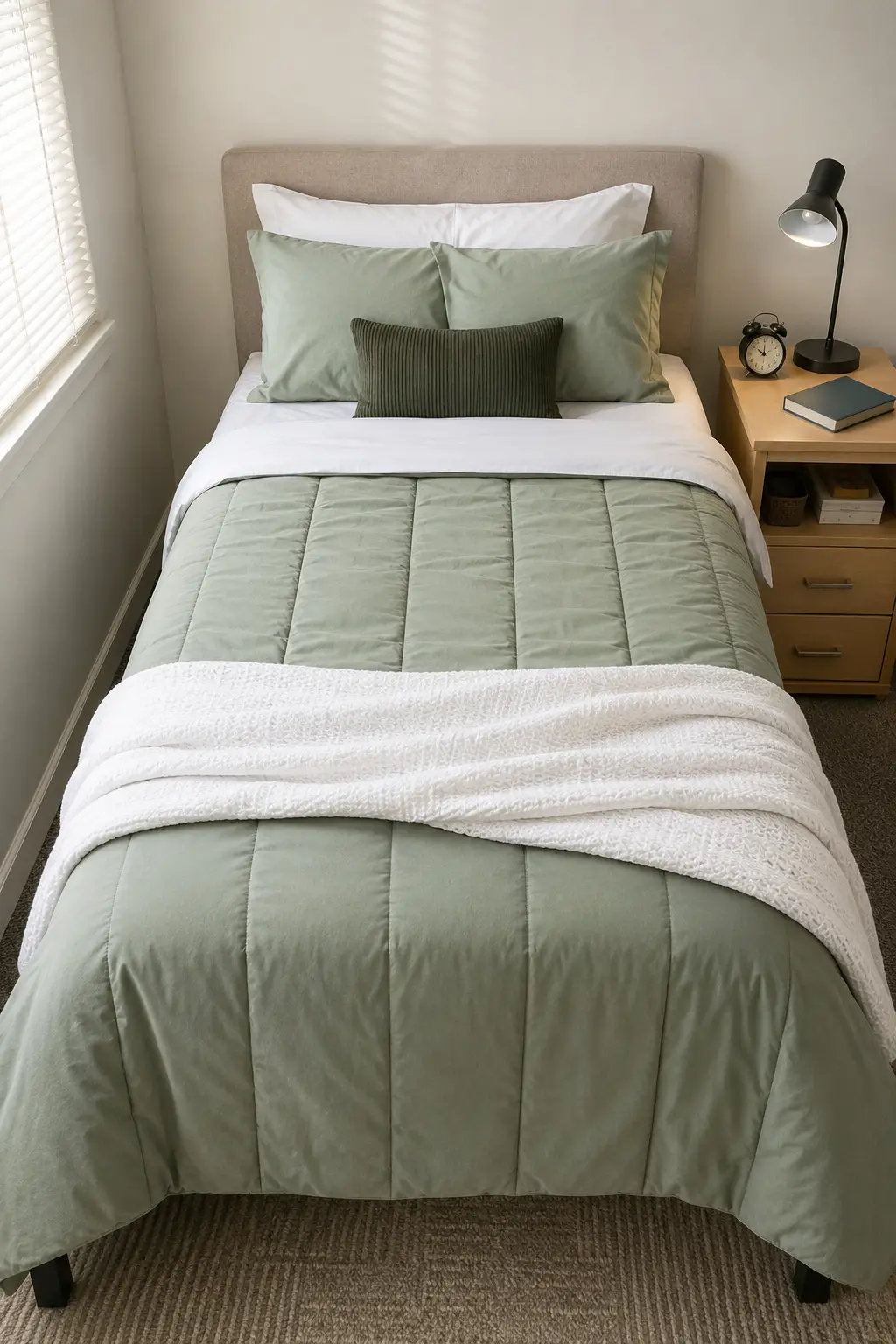 Sage green dorm bedding idea featuring a soft sage quilted comforter, crisp white sheets, matching sage pillows, a dark green ribbed lumbar cushion, and a textured white throw on a neatly arranged Twin XL style college dorm bed.